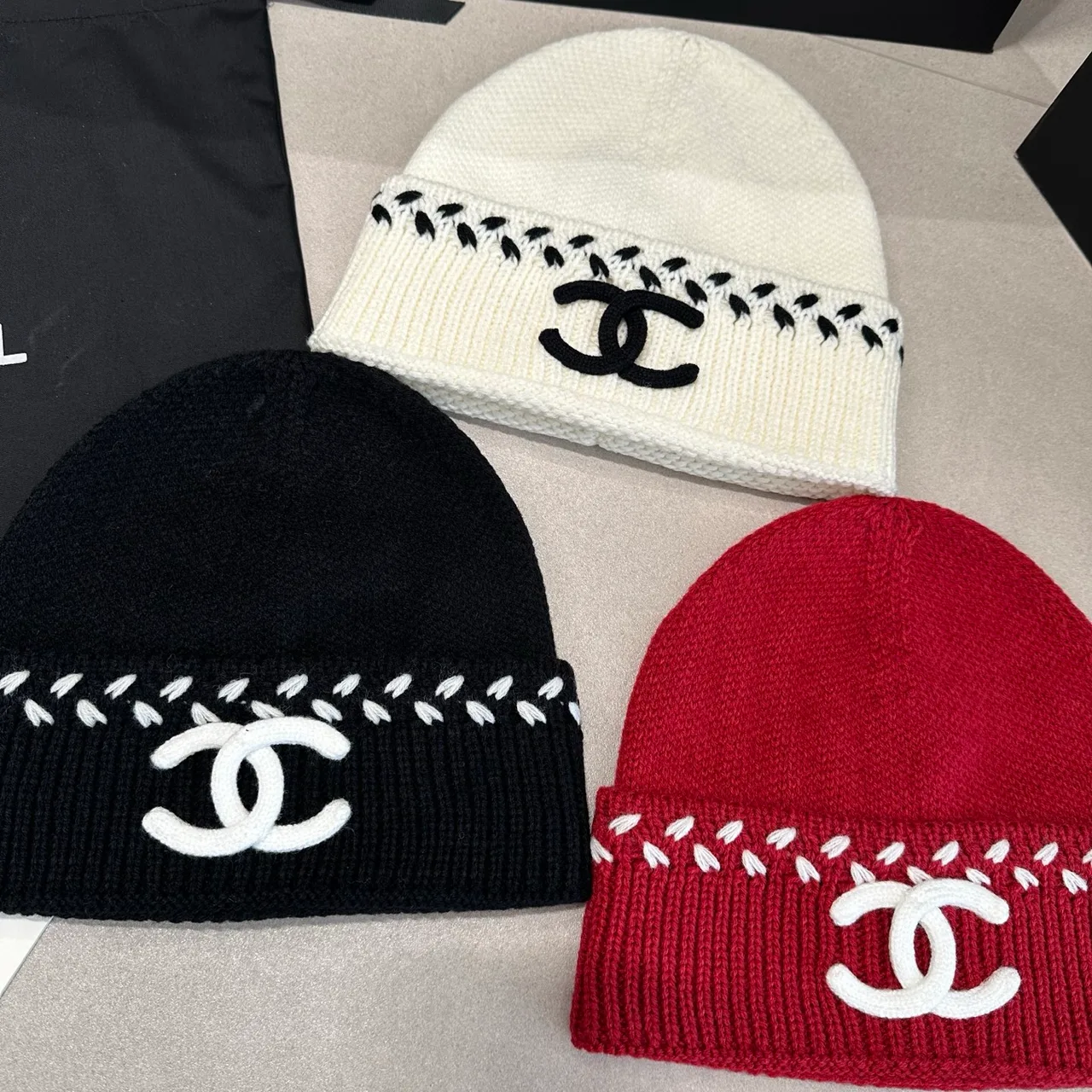 Chanel Beanie in White & Black & Red · view 5