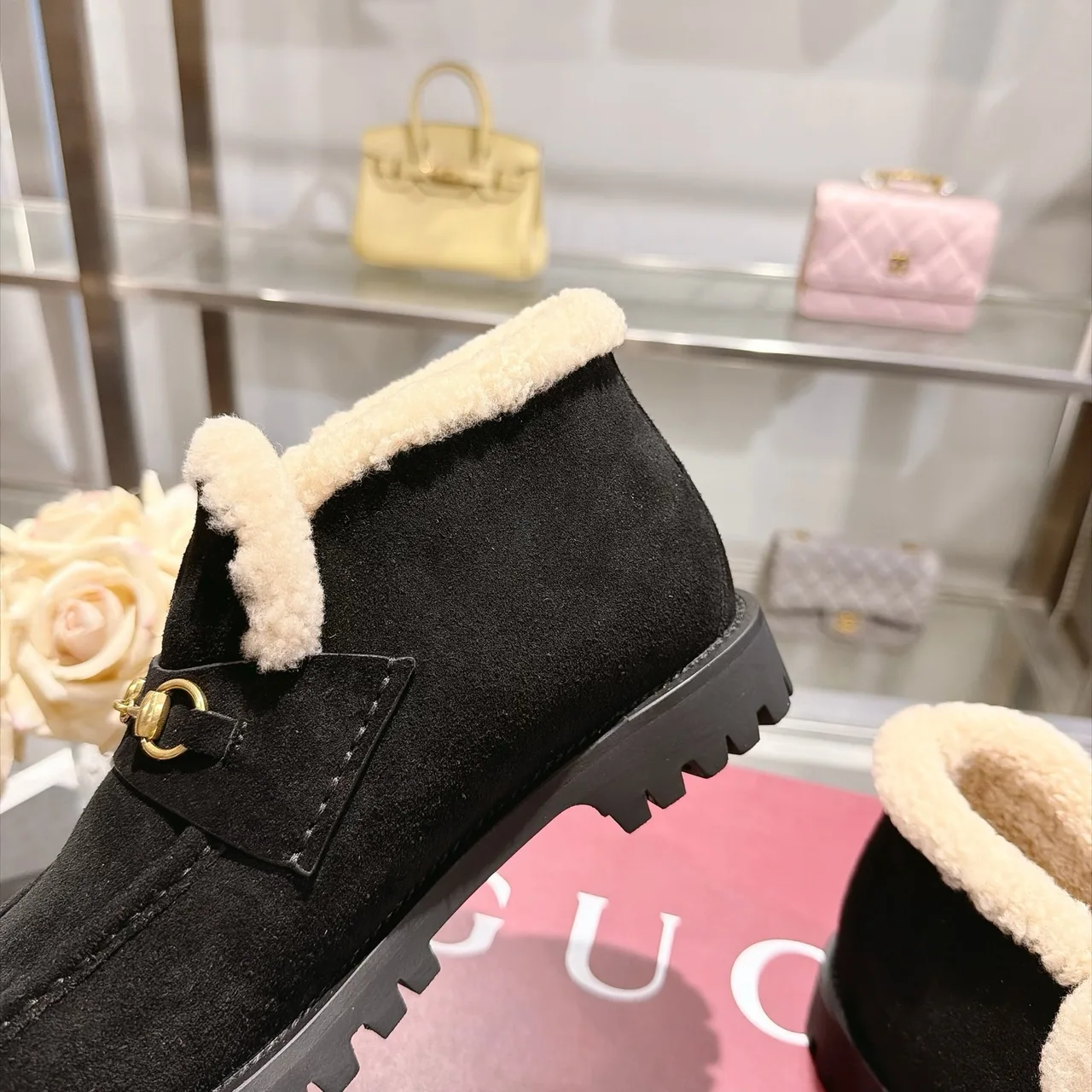 Cowhide Suede-Look Buckle Horsebit Lined Ankle Boots in Black · view 7
