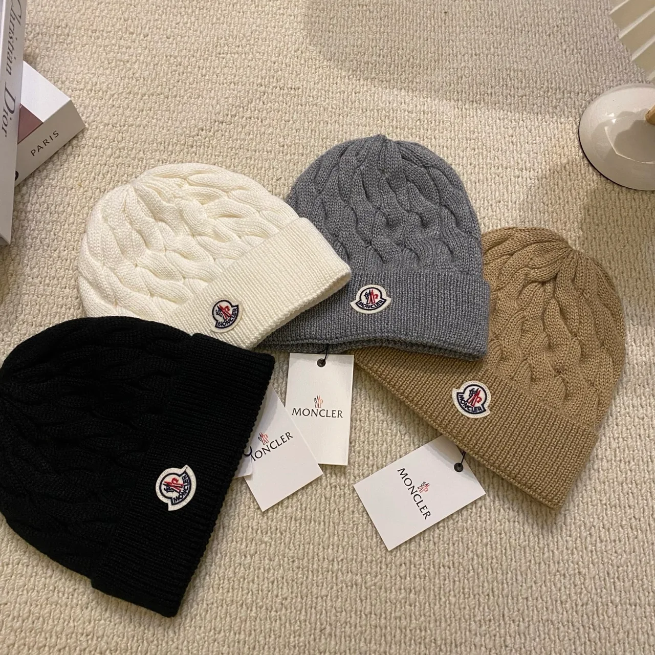 Moncler Beanie in White & Black & Grey & Tan · view 7