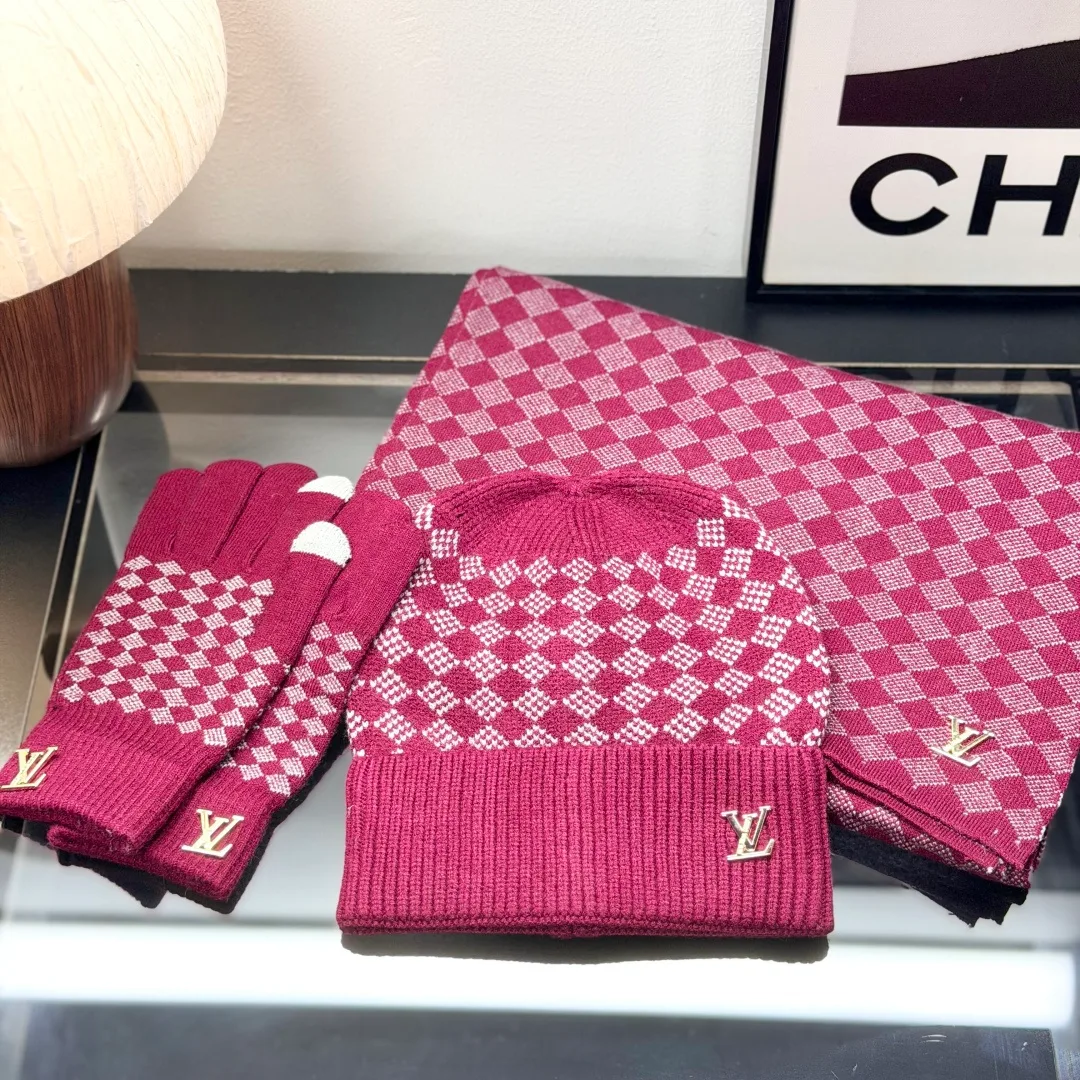 Louis Vuitton Wool Check Hat Scarf and Gloves Set in Pink · view 1
