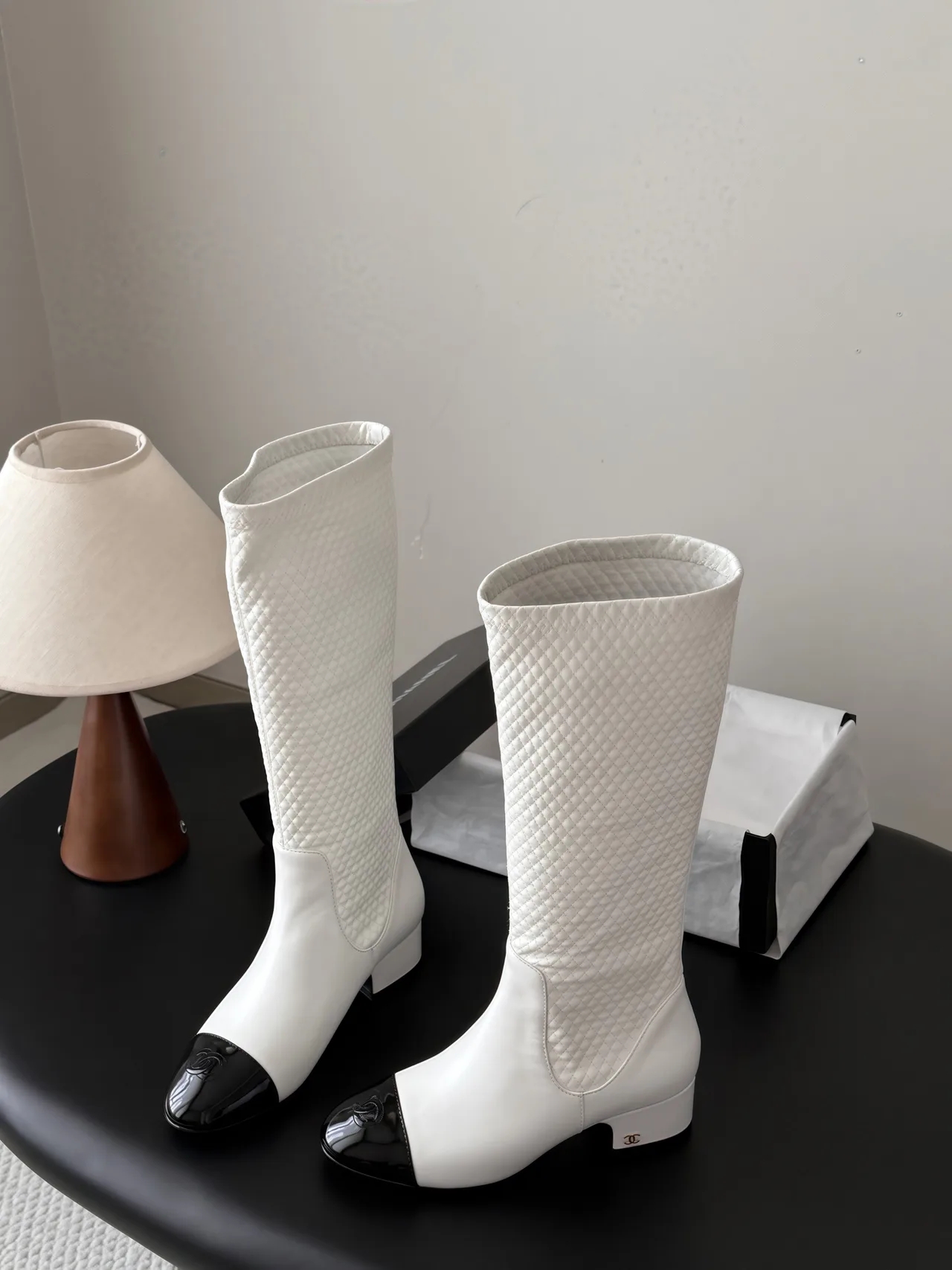 Chanel Cowhide Glossy Pointed-Toe Knee-High Boots in White · view 5