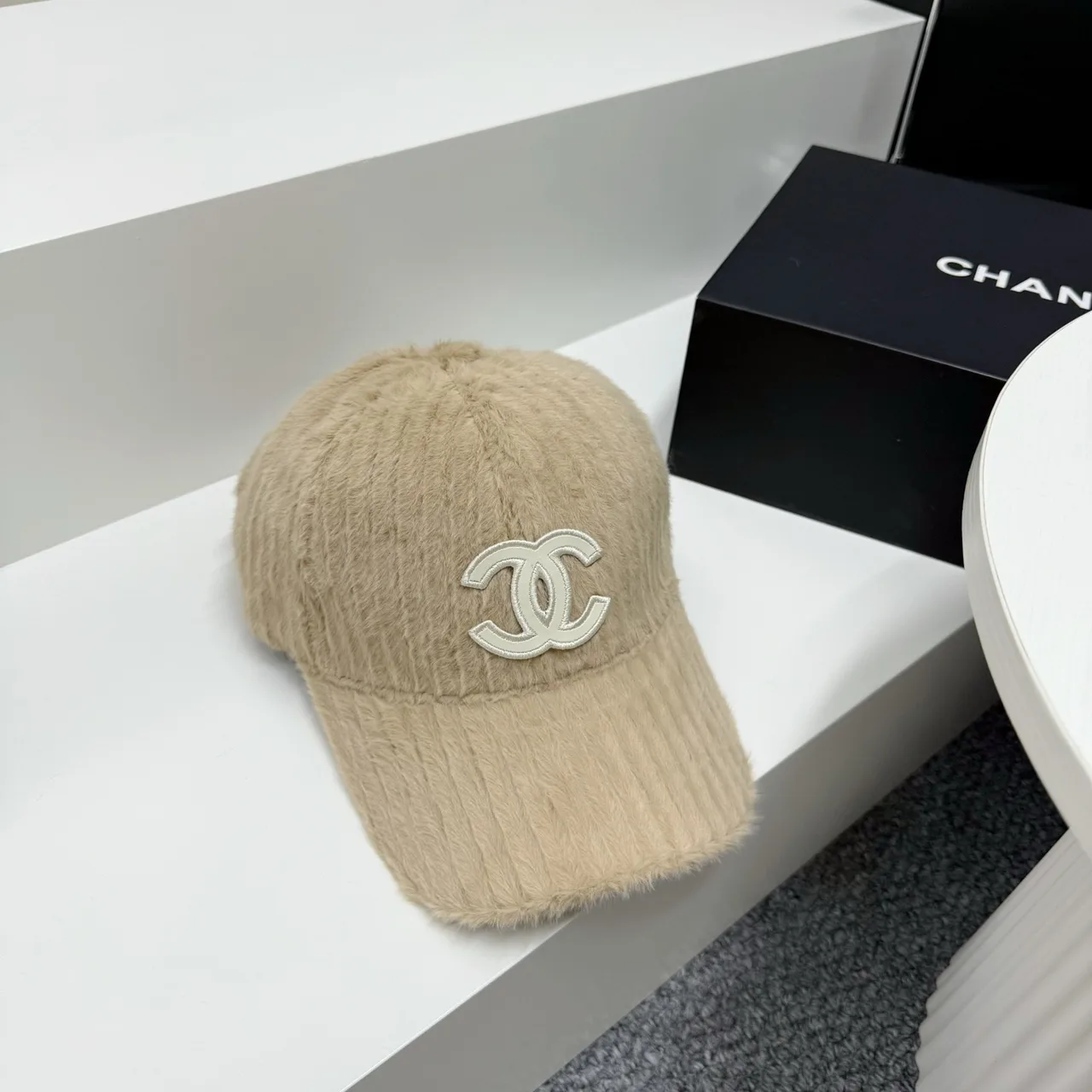 Chanel Fuzzy Baseball Cap in White & Beige & Brown & Black · view 2