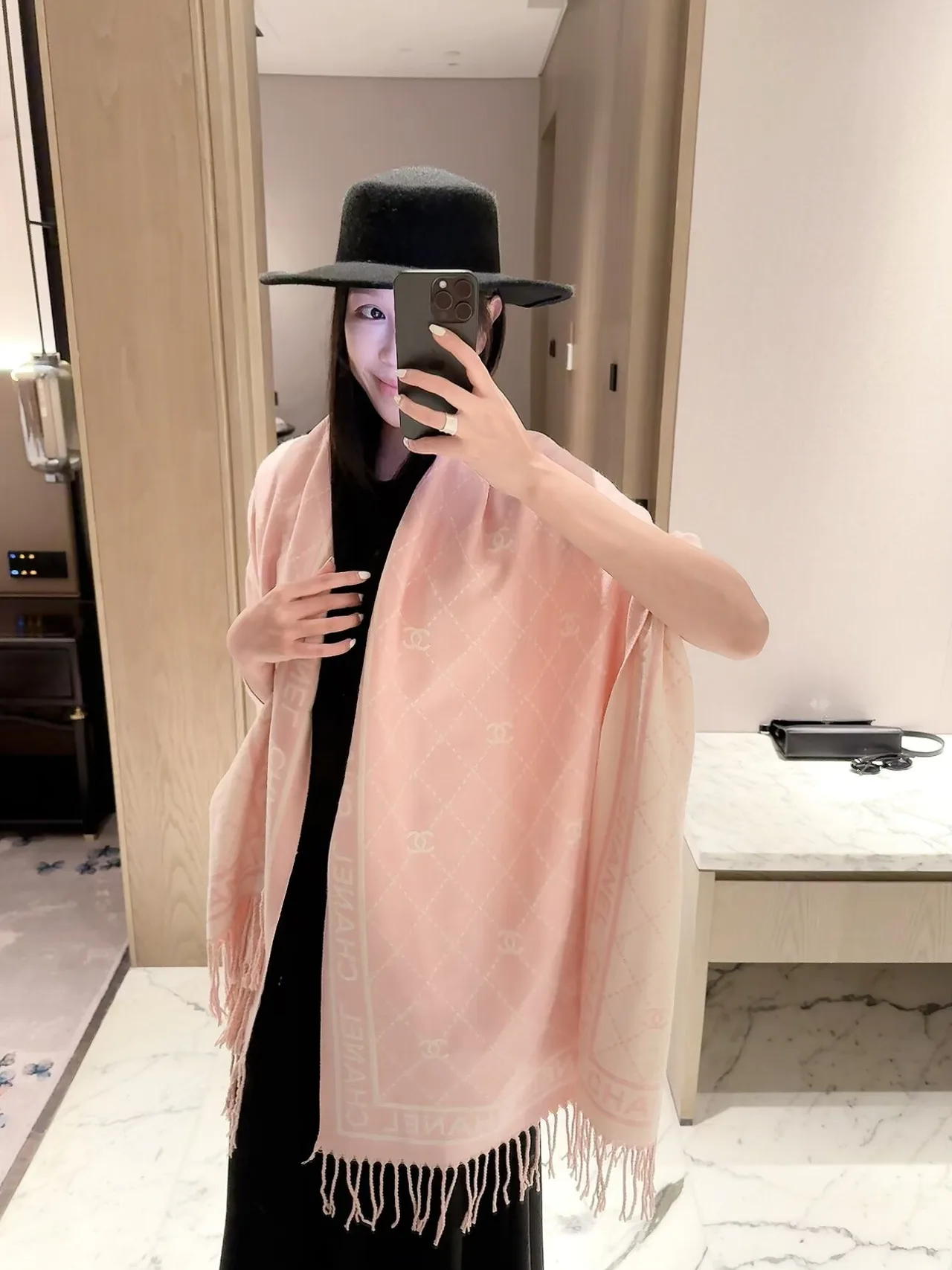 Chanel Patterned fringed scarf in Pink & Beige & Black · view 1