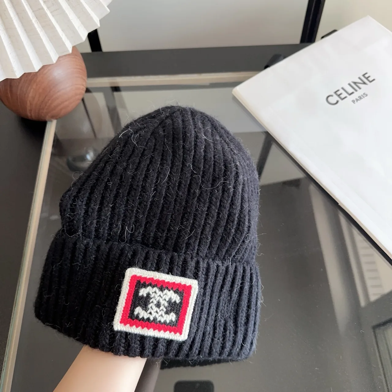 Celine Ribbed Beanie in Black · view 3