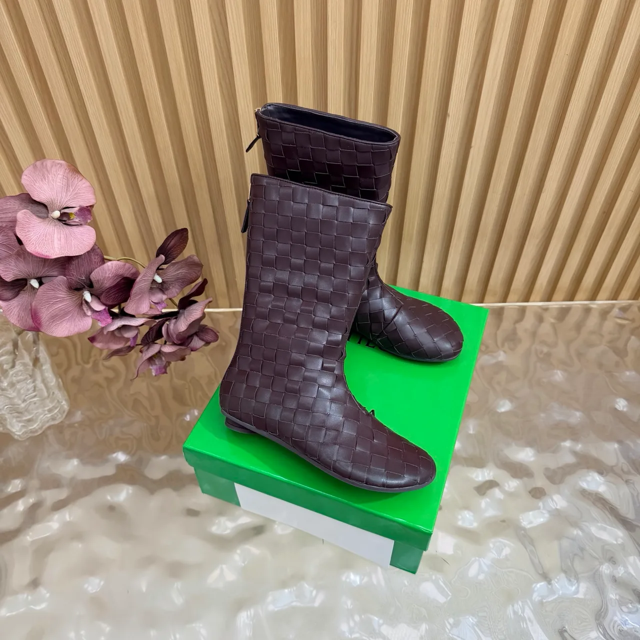 Bottega Veneta Smooth Woven Mid-Calf Boots in Brown · view 2