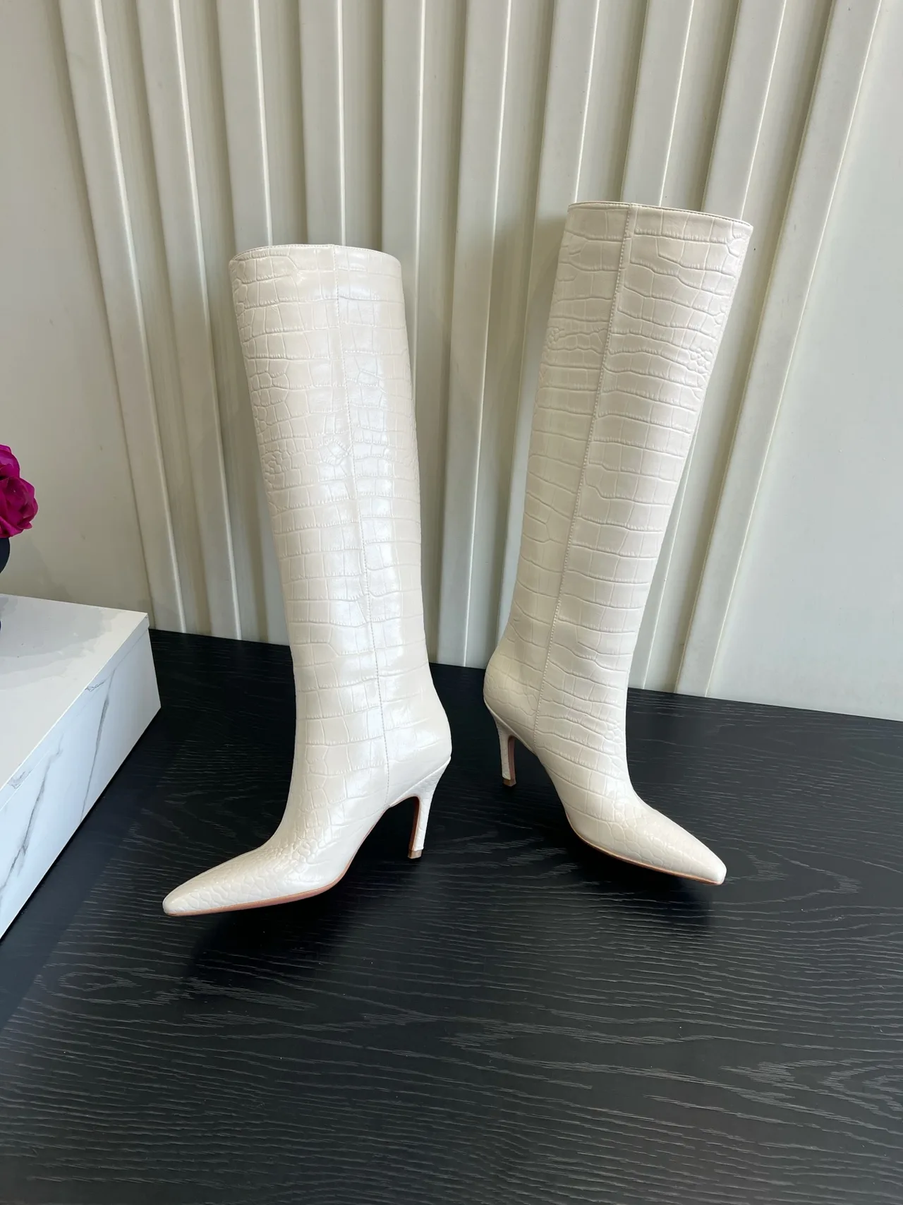 Amina Muaddi Cowhide Knee-High Boots in Cream · view 3