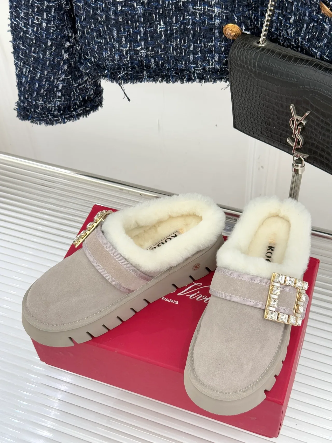 Roger Vivier Wool Buckle Fur-Lined Mules in Grey · view 3