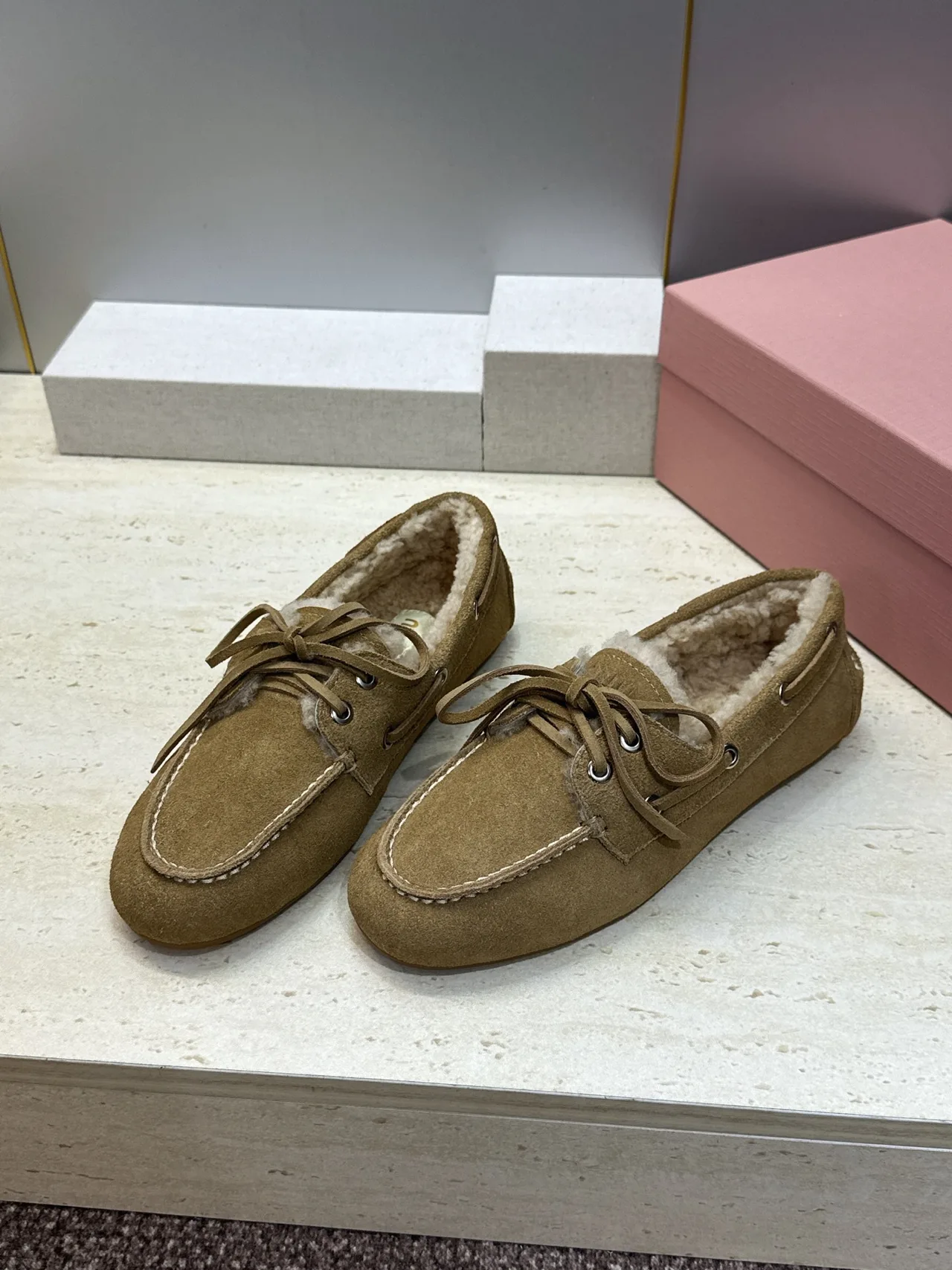 Miu Miu Calfskin Suede-Look Round-Toe Lace-Up Lined Moccasins in Brown · view 4