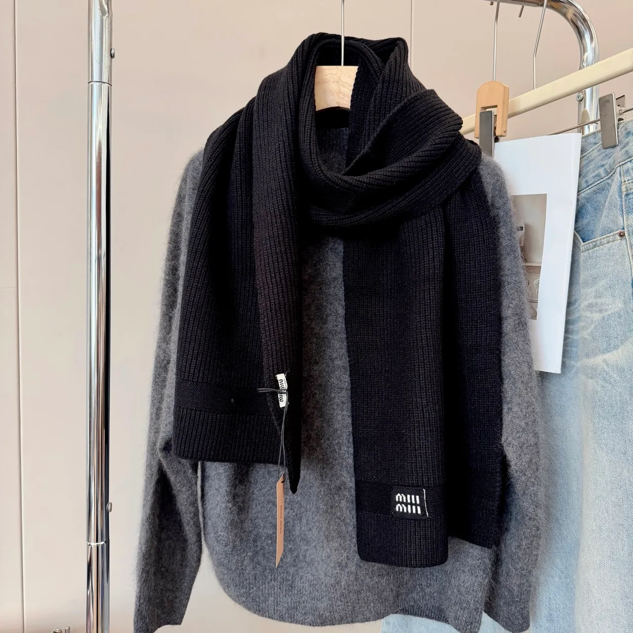 Miu Miu Ribbed Scarf in Black · view 8