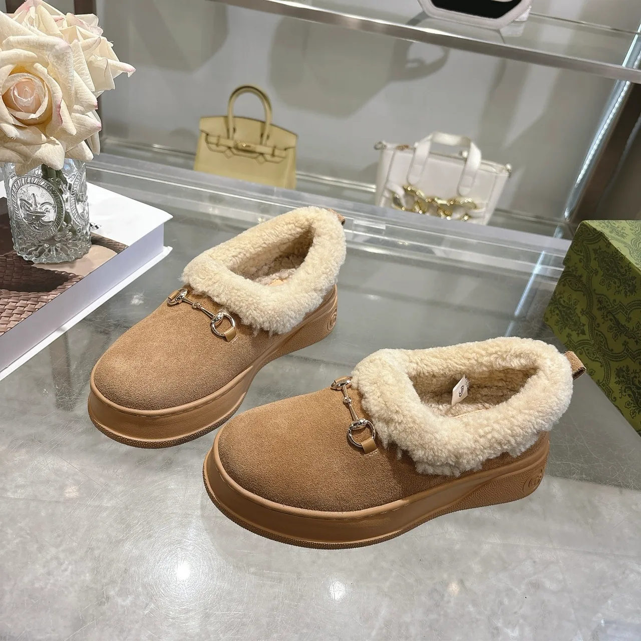 Gucci Cowhide Sheepskin Buckle Fur-Lined Ankle Boots in Brown · view 4