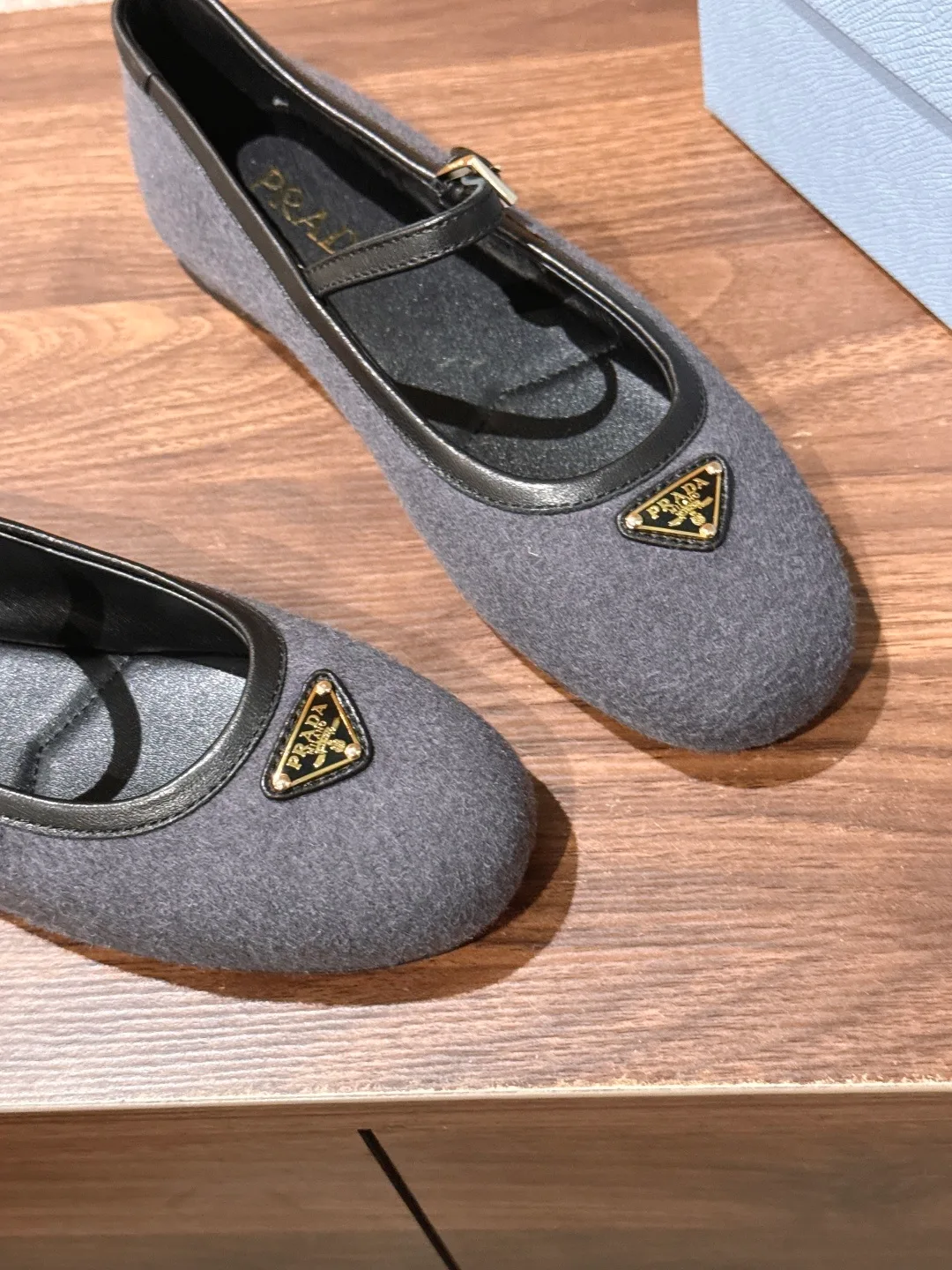 Prada Smooth Round-Toe Mary Jane Flats in Grey · view 4