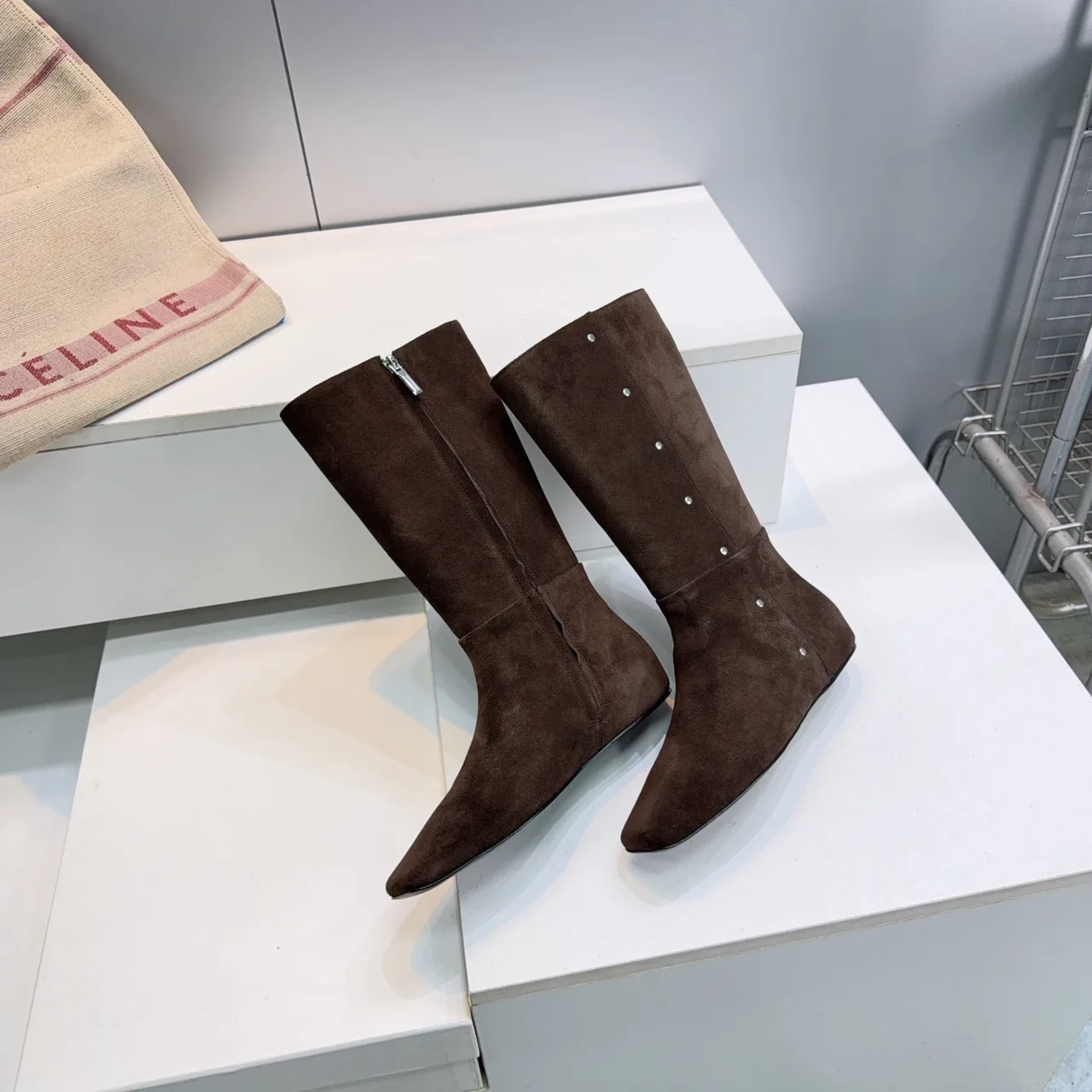Celine Suede-Look Square-Toe Ankle Boots in Brown · view 7