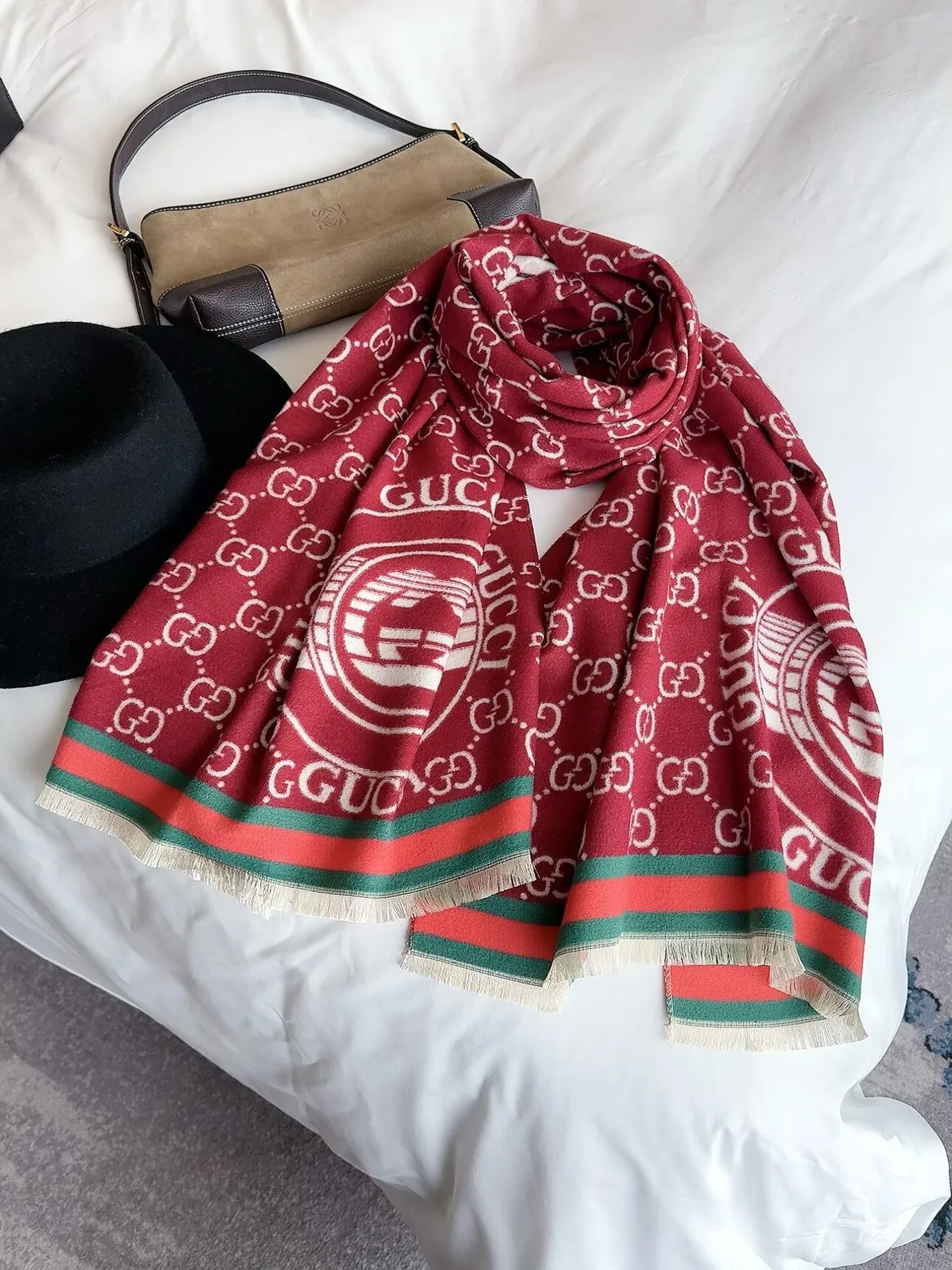 Gucci GG Web Shawl in Blue & Burgundy & Beige · view 2