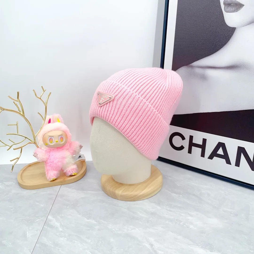 Prada Wool Triangle Logo Knit Beanie in Pink · view 3