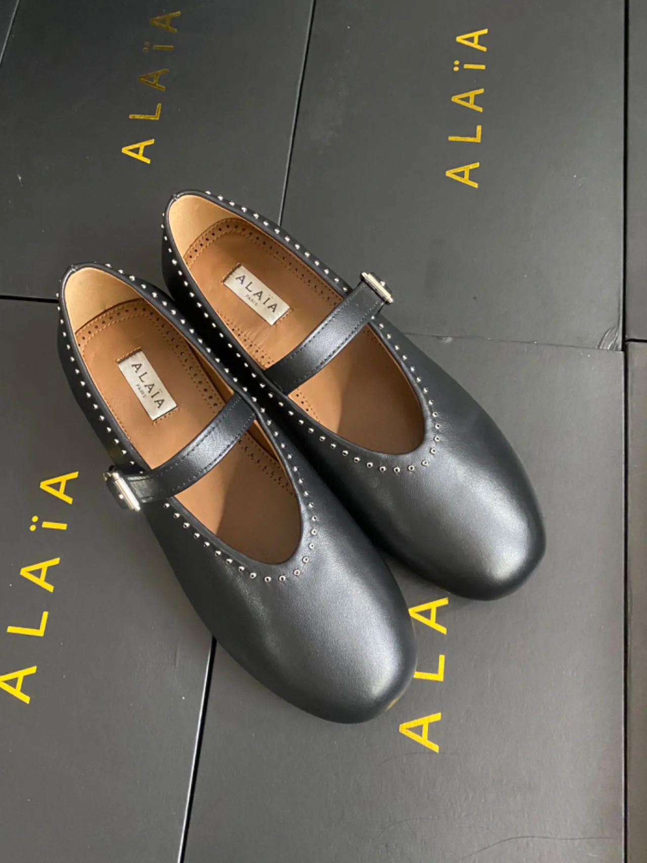 Alaia Cowhide Sheepskin Smooth Round-Toe Mary Jane Flats in Black · view 2