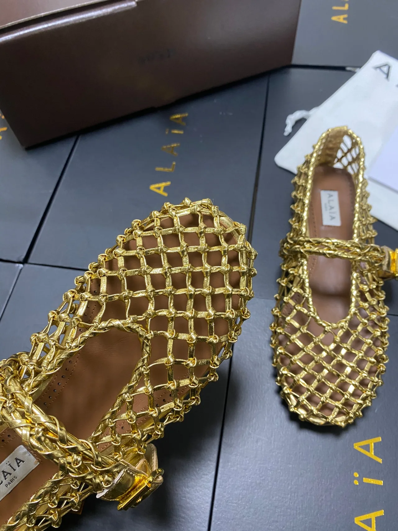 Alaia Cowhide Sheepskin Square-Toe Mary Jane Flats in Gold · view 8