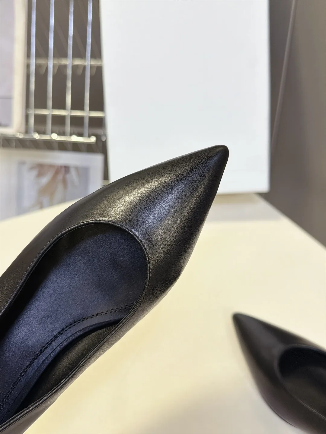 Celine Lambskin Glossy Pointed-Toe Kitten Heel Pumps in Black · view 7