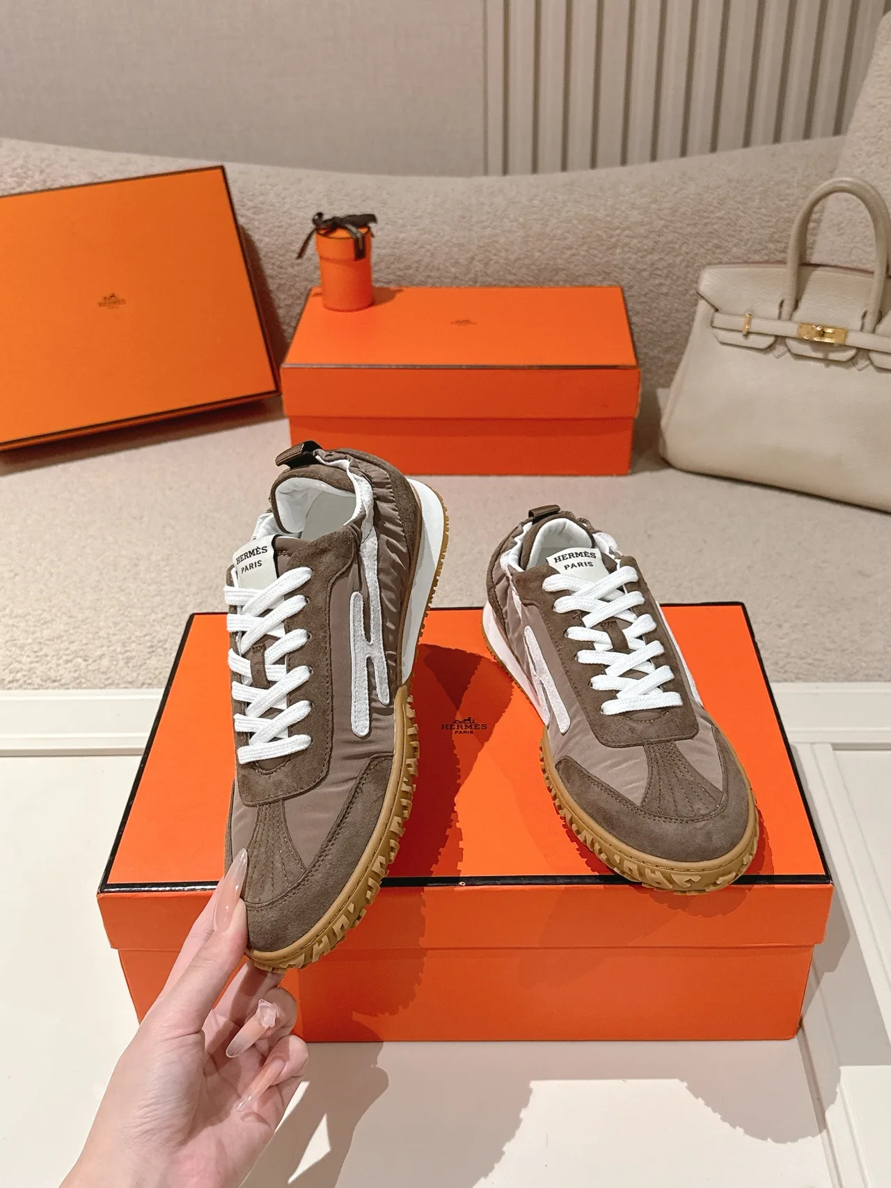 Hermes Sheepskin Suede Sneakers in Brown · view 5