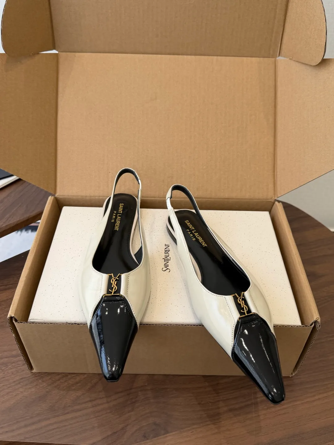 Saint Laurent Sheepskin Glossy Pointed-Toe Toe-Cap Slingback Pumps in White · view 4