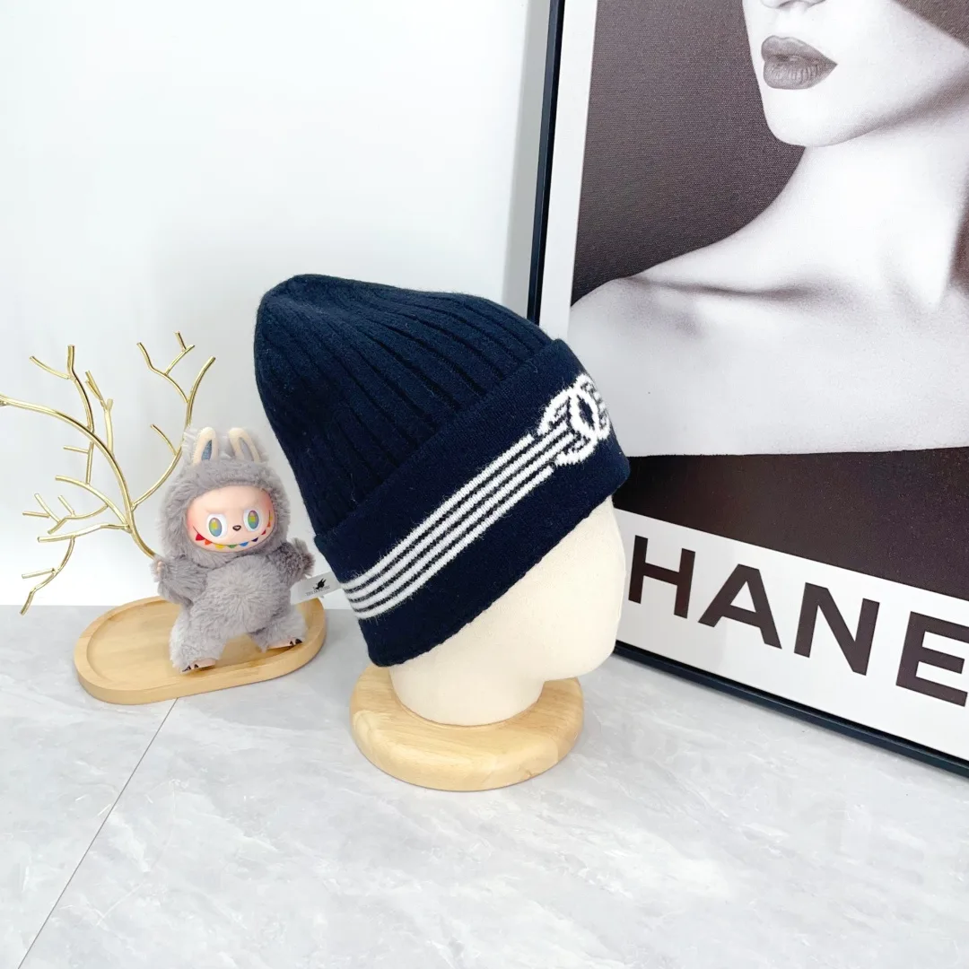 Chanel Ribbed Striped Beanie in Blue · view 3