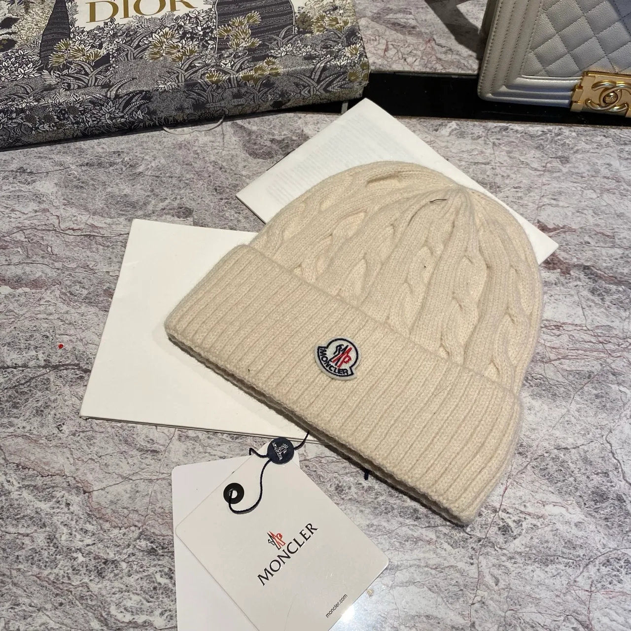 Moncler Cable-Knit Beanie in Burgundy & Cream & Tan & Blue & Grey & White & Black & Pink · view 2