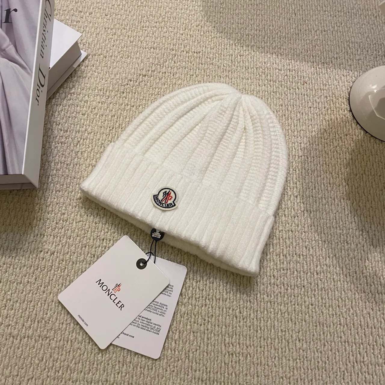 Moncler Ribbed Beanie in Black & White & Grey & Purple & Burgundy · view 2