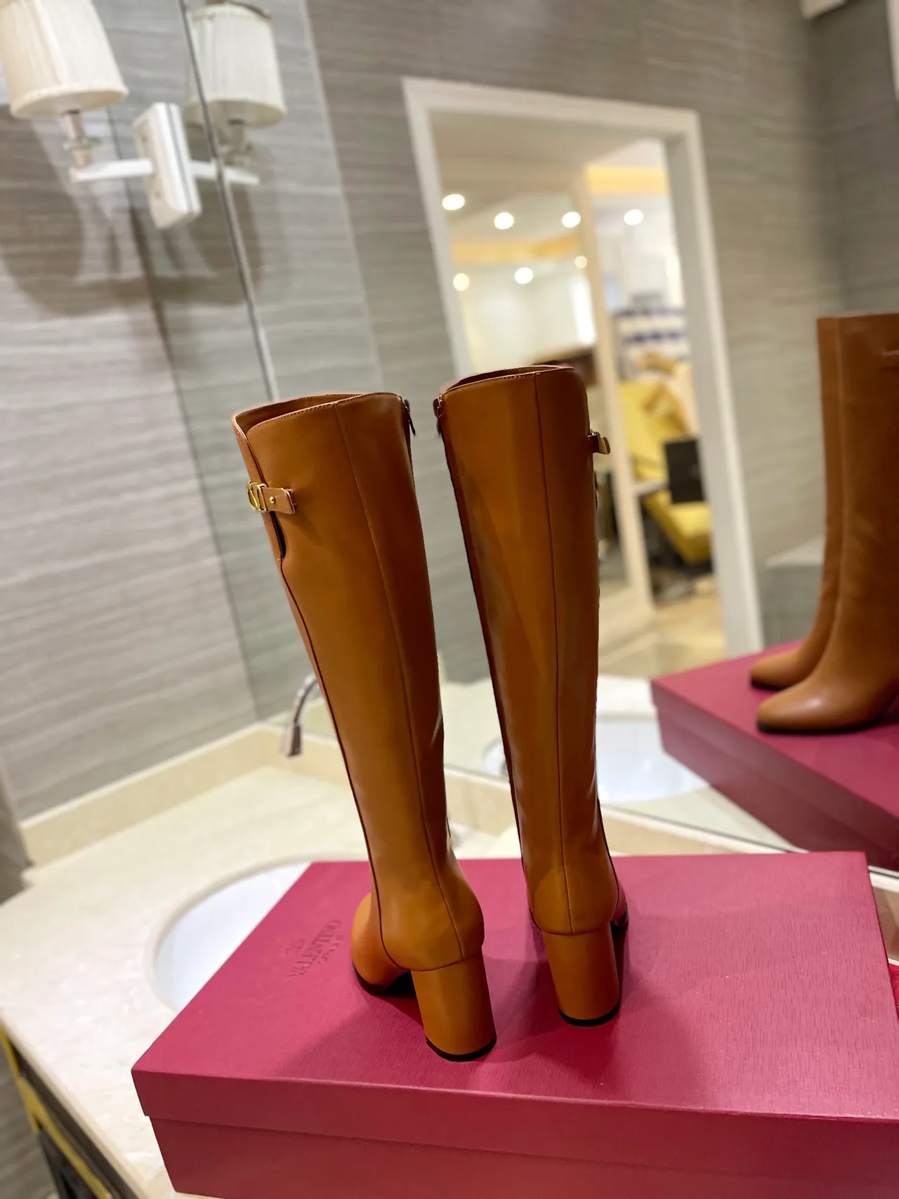 Valentino Leather Glossy Buckle Knee-High Boots in Brown · view 7
