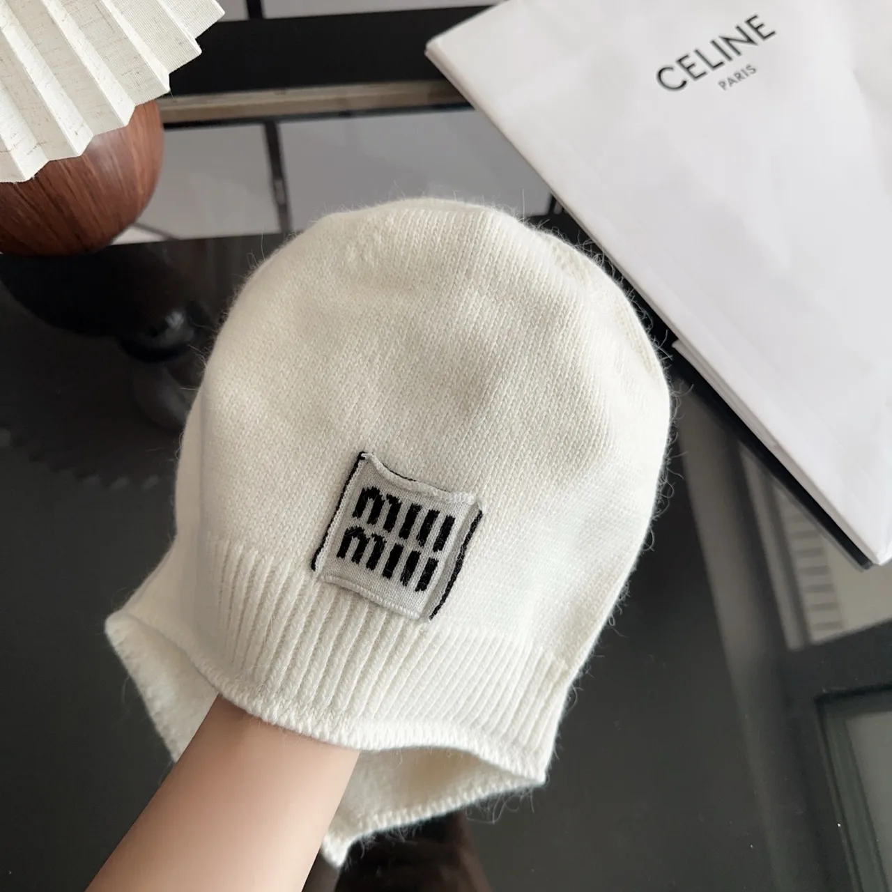 Miu Miu Embroidered Beanie in White · view 6