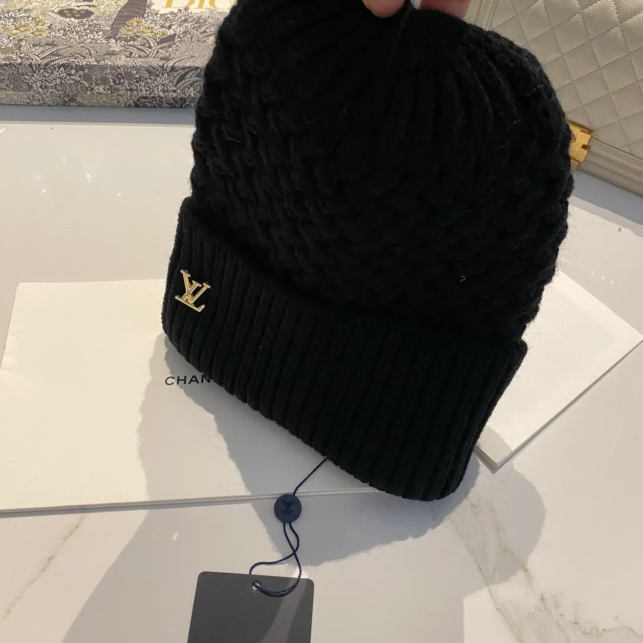 Louis Vuitton Beanie in Black & White & Beige & Grey · view 5