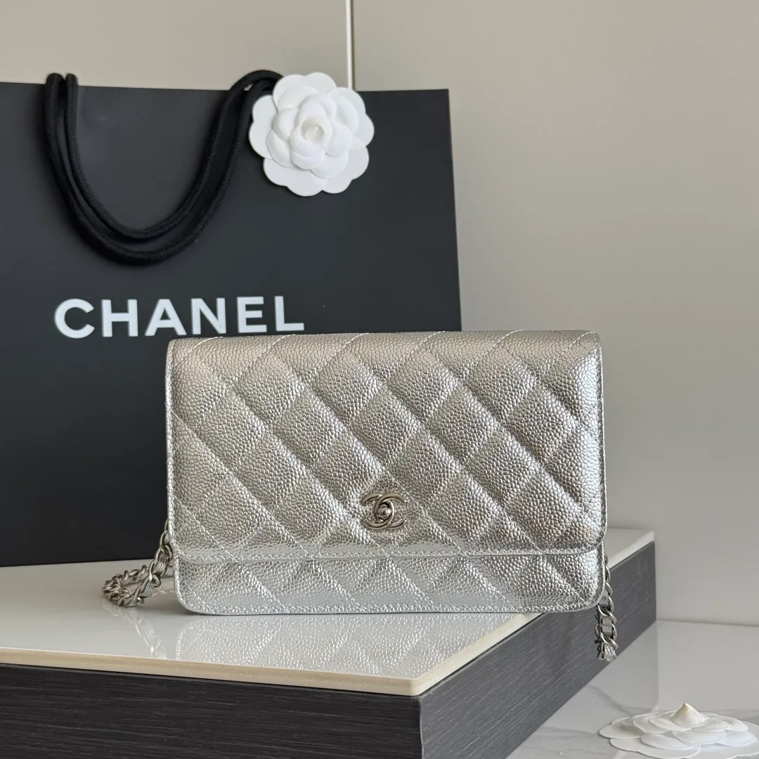 Chanel Calfskin Quilted Glossy Clutch in Silver · view 2