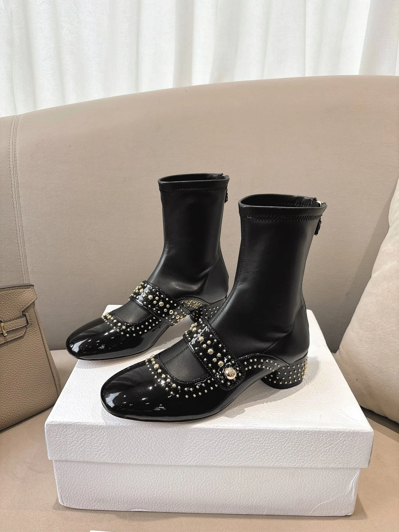 Dior Sheepskin Patent Leather Glossy Square-Toe Ankle Boots in Black · view 3