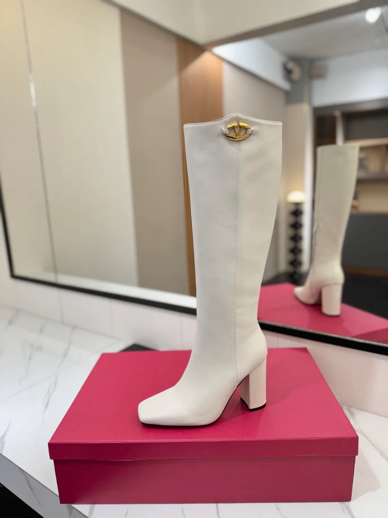 Valentino Cowhide Glossy Pointed-Toe Knee-High Boots in White · view 6