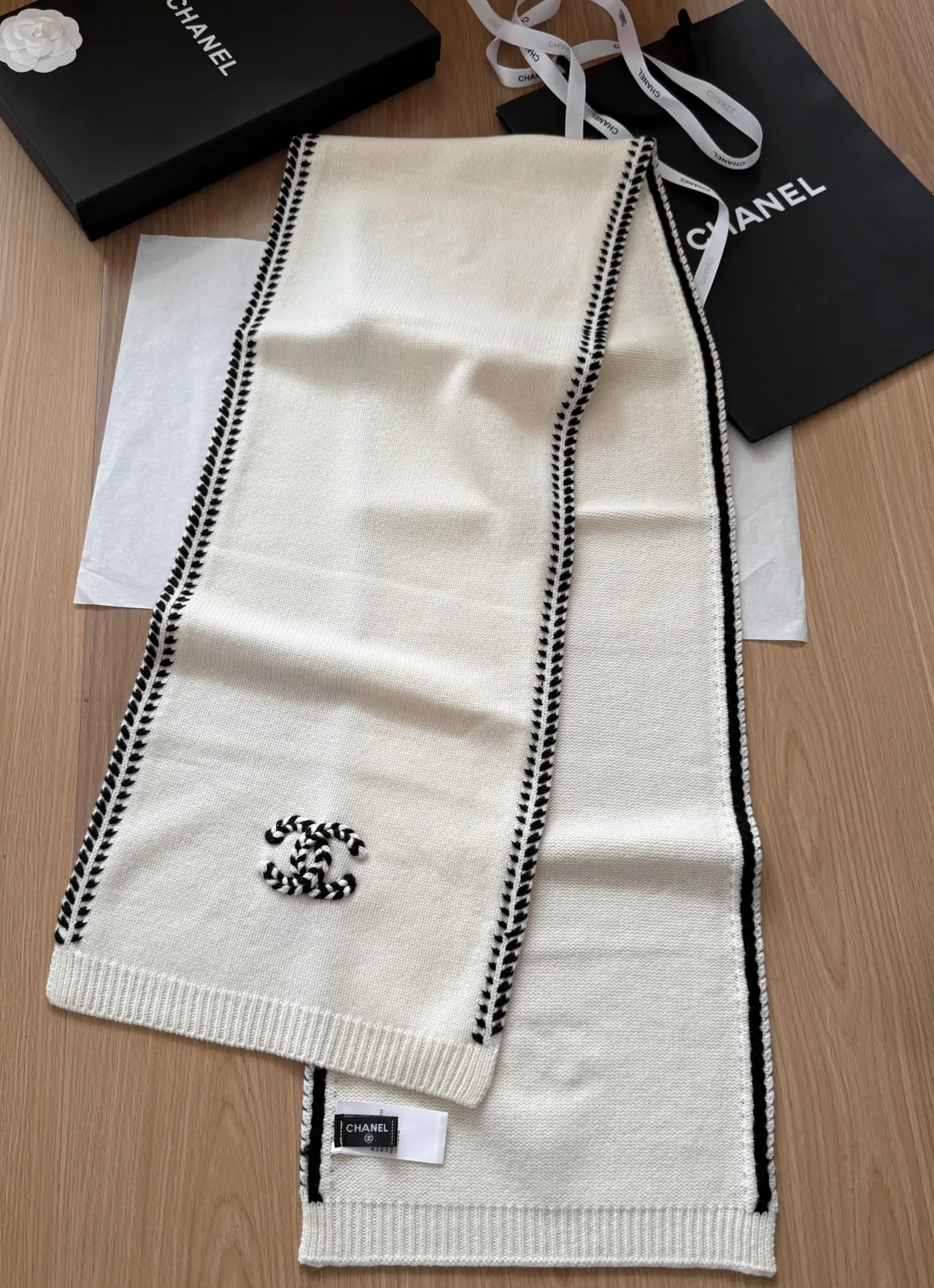 Chanel Cashmere Striped Embroidered Scarf in Cream · view 4