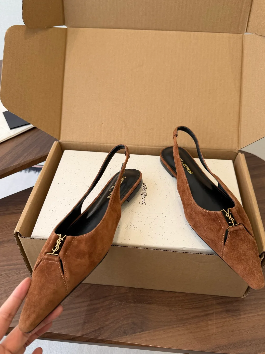 Saint Laurent Sheepskin Suede-Look Pointed-Toe Slingback Shoes in Brown · view 5