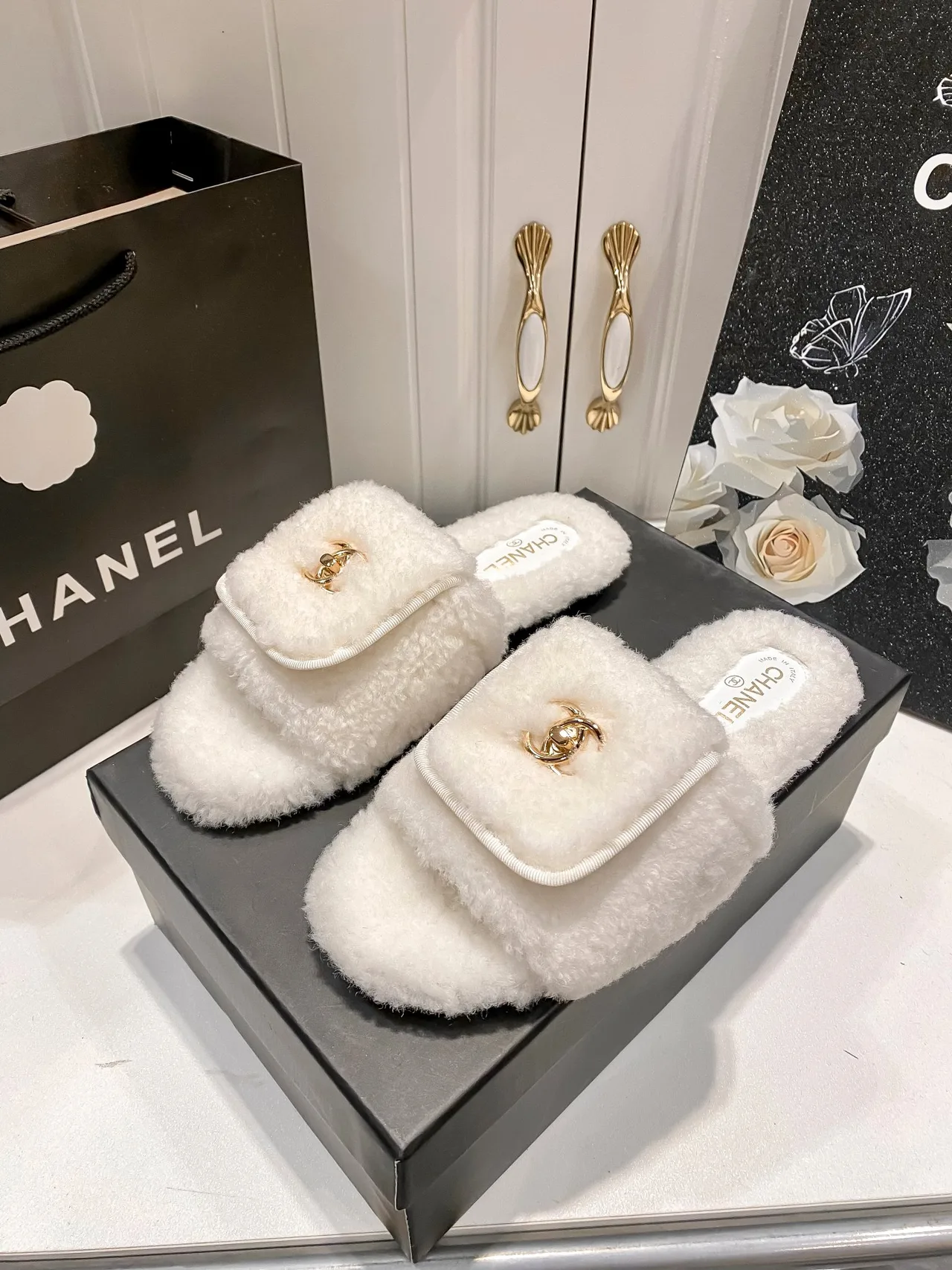 Chanel Faux-Fur Slippers in Black & White & Beige · view 8