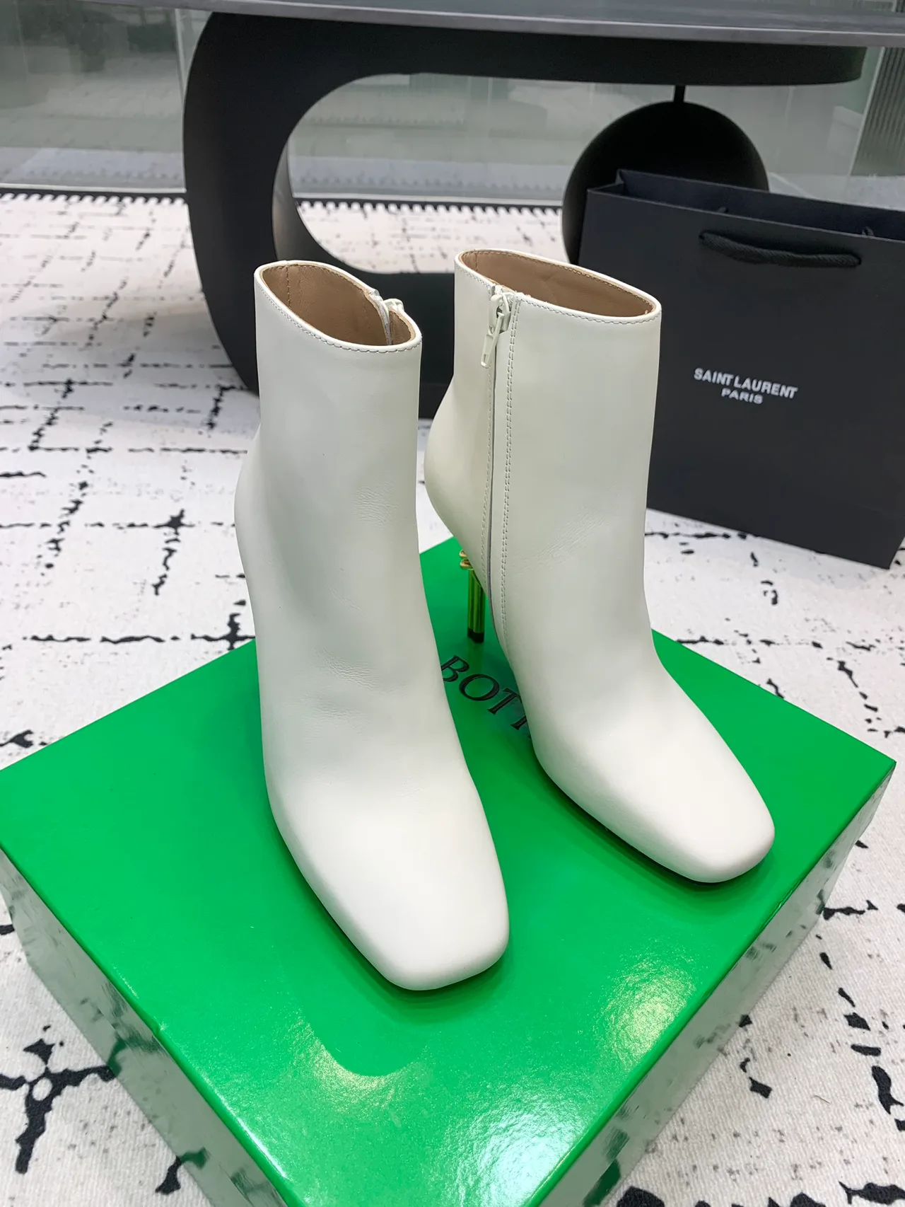 Bottega Veneta Calfskin Glossy Knot-Heel Ankle Boots in White · view 1