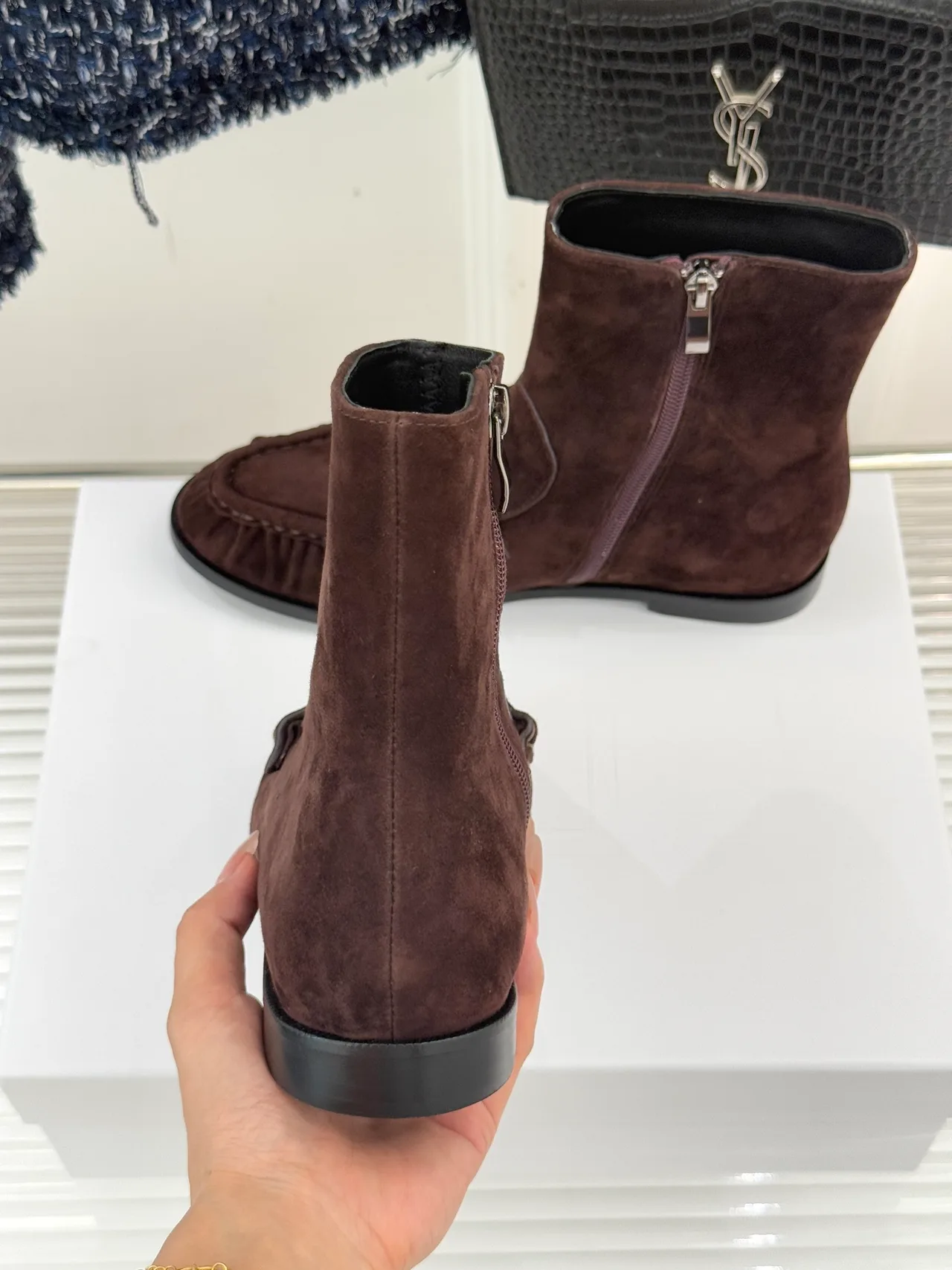 Saint Laurent Suede-Look Round-Toe Ankle Boots in Brown · view 8