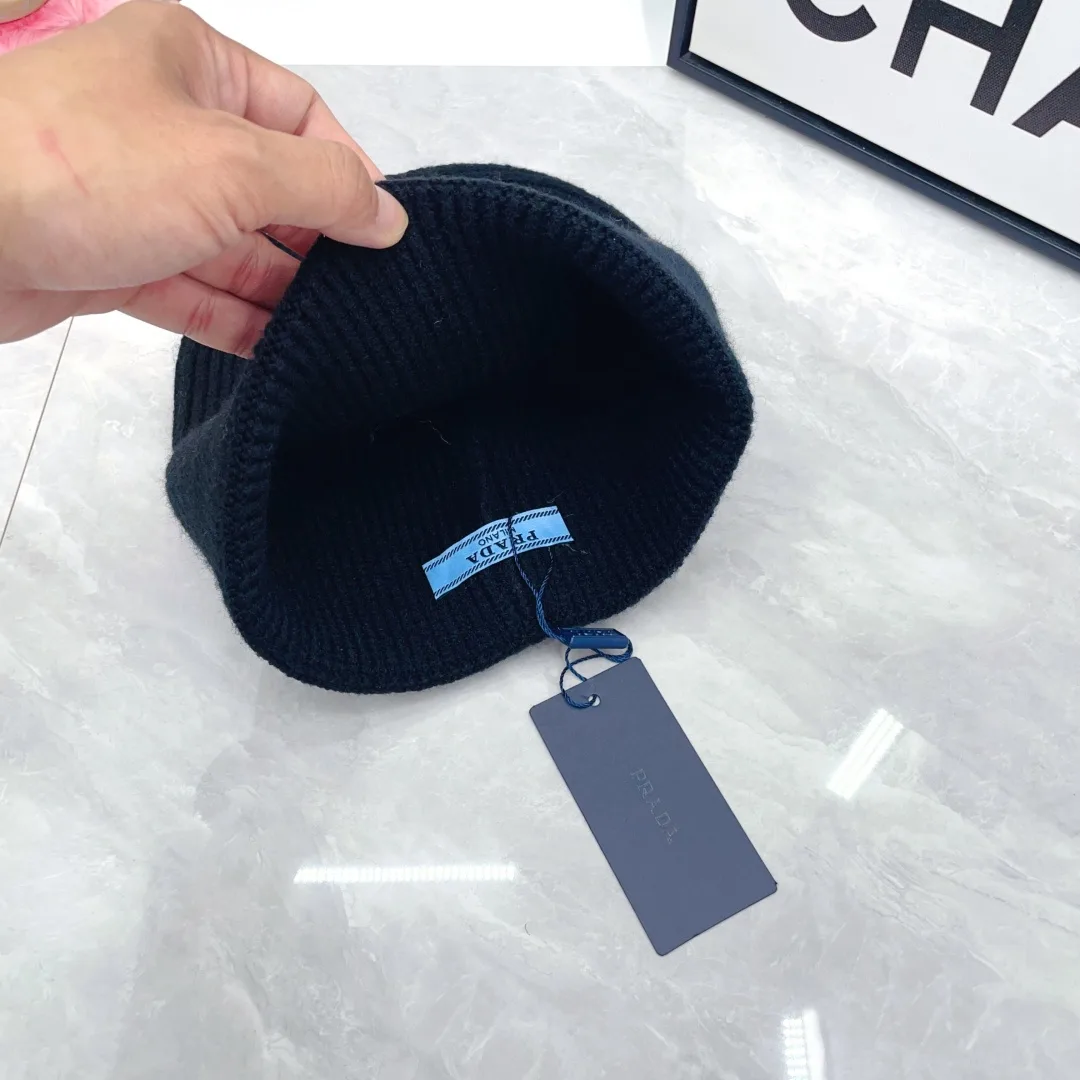 Prada Wool Triangle Logo Knit Beanie in Black · view 7