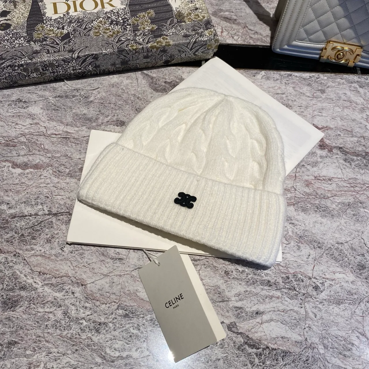 Celine Cable knit beanie in White & Black & Blue & Brown & Grey & Burgundy & Cream & Pink · view 1