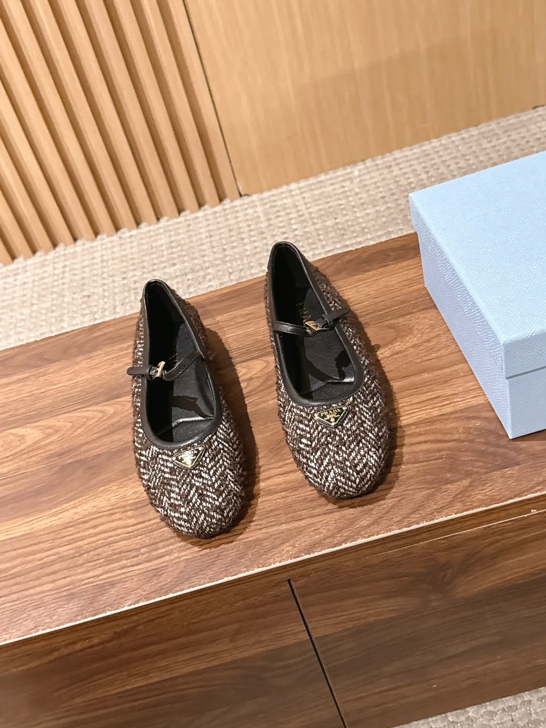 Prada Woven Buckle Flats in Brown · view 1