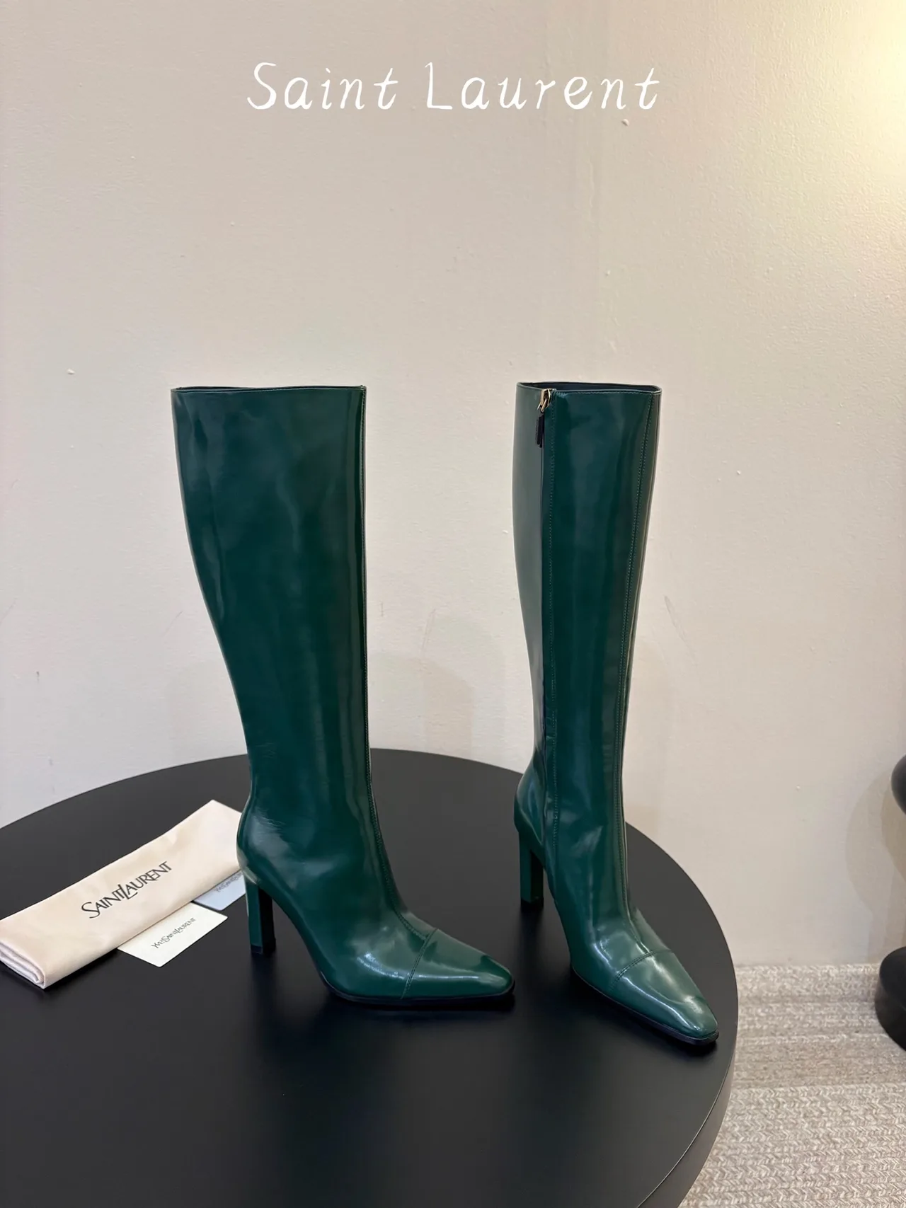 Saint Laurent Cowhide Sheepskin Glossy Pointed-Toe Knee-High Boots in Green · view 4
