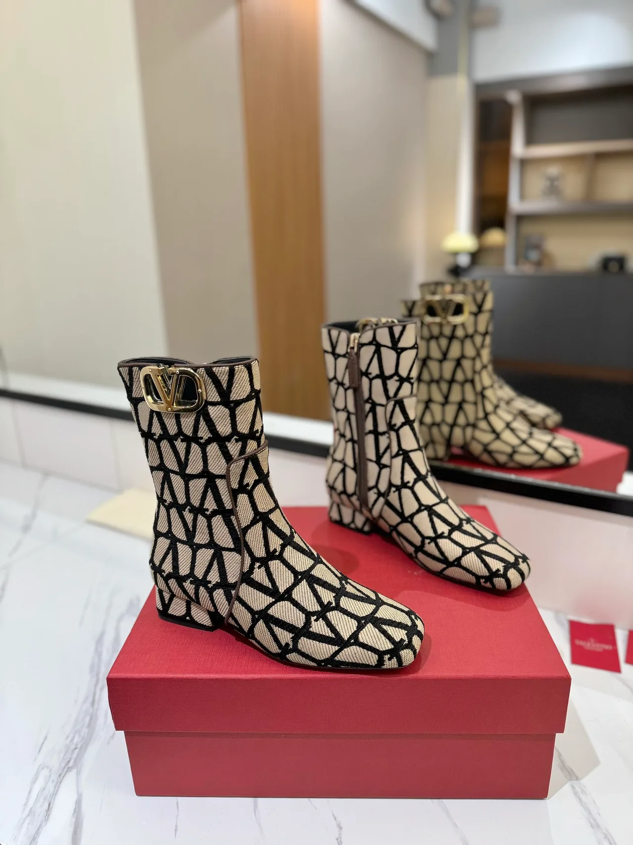 Valentino Wool Pointed-Toe VLOGO Ankle Boots in Beige · view 1