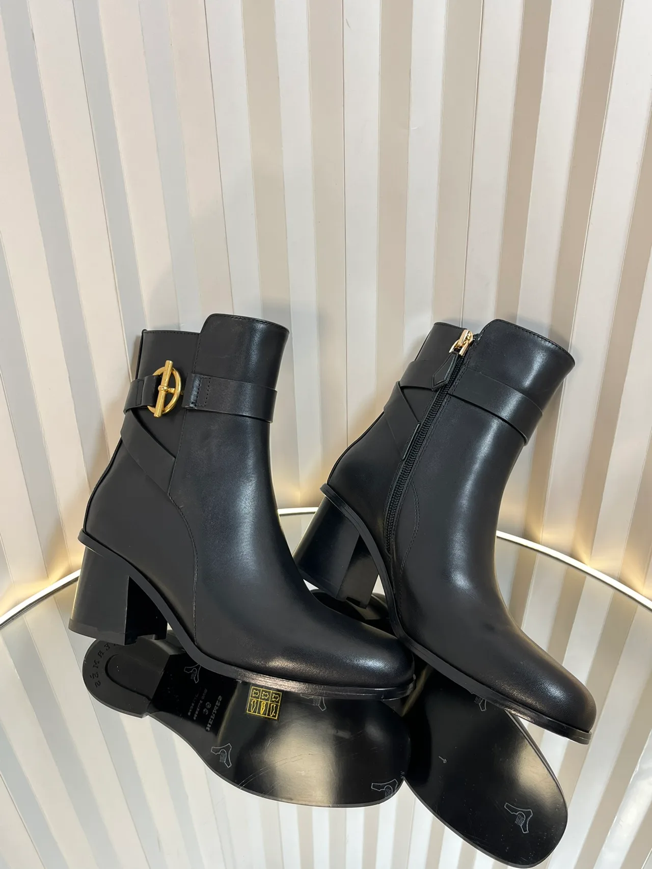 Calfskin Glossy D-Buckle Smooth Ankle Boots in Black · view 3