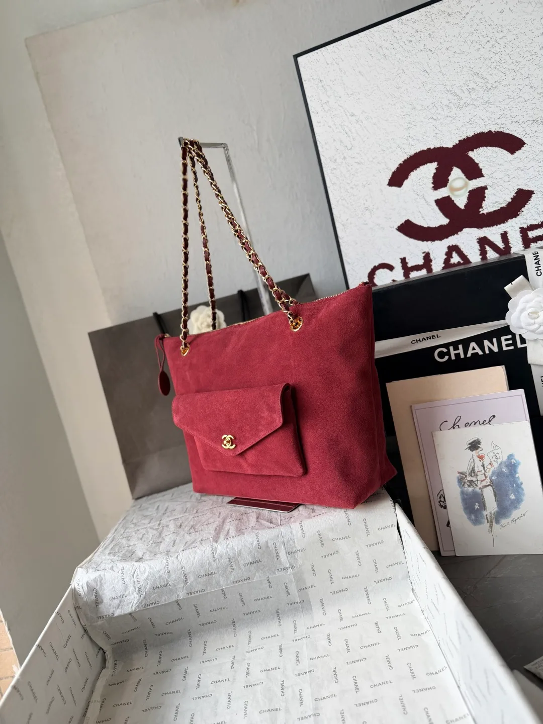 Chanel Leather Glossy Suede-Look Tote in Burgundy · view 3