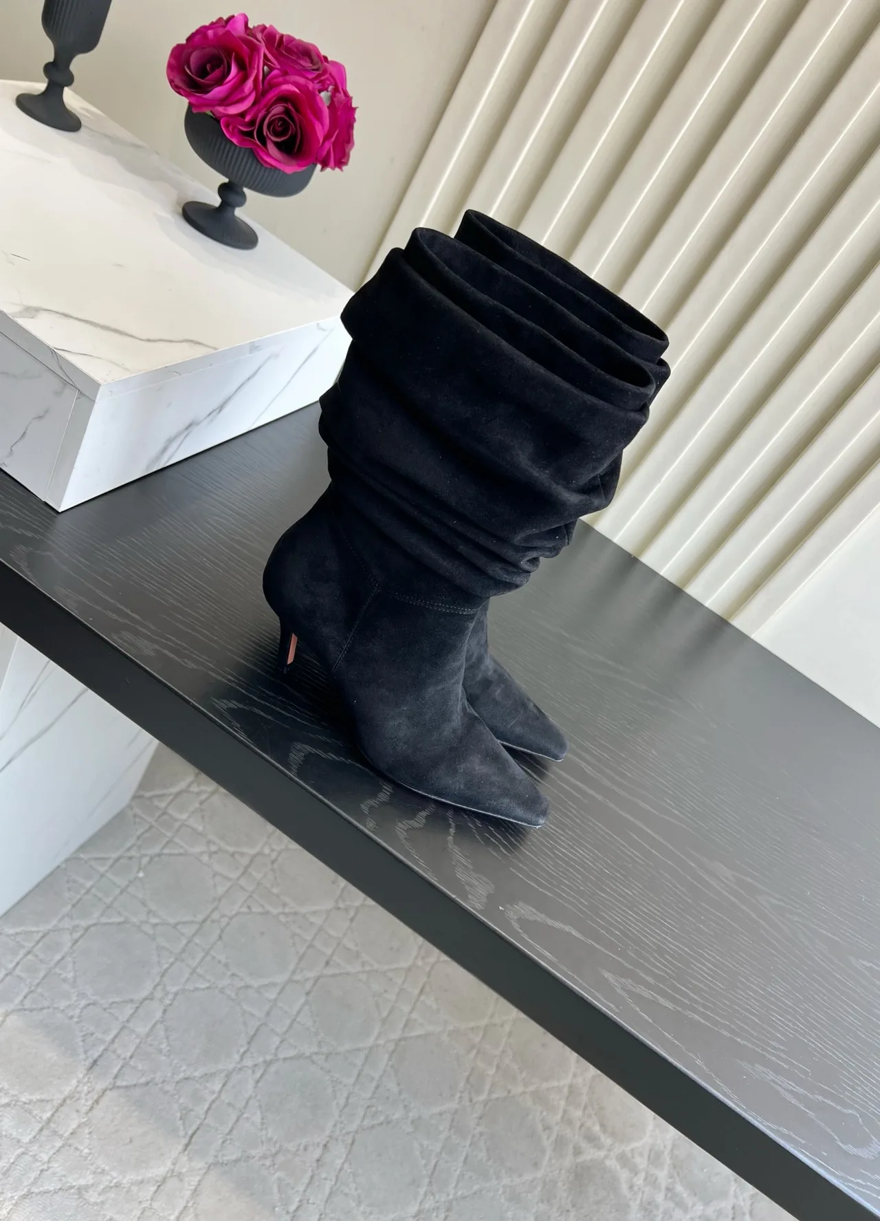 Amina Muaddi Cowhide Glossy Pointed-Toe Boots in Black · view 3