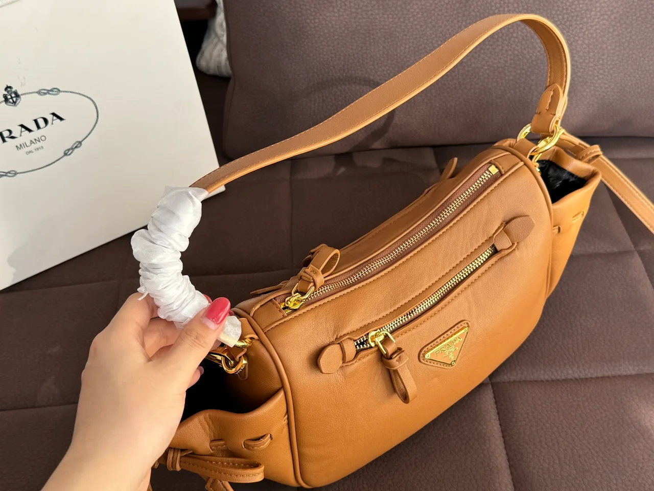Prada Ribbed Hobo Bag in Tan · view 5