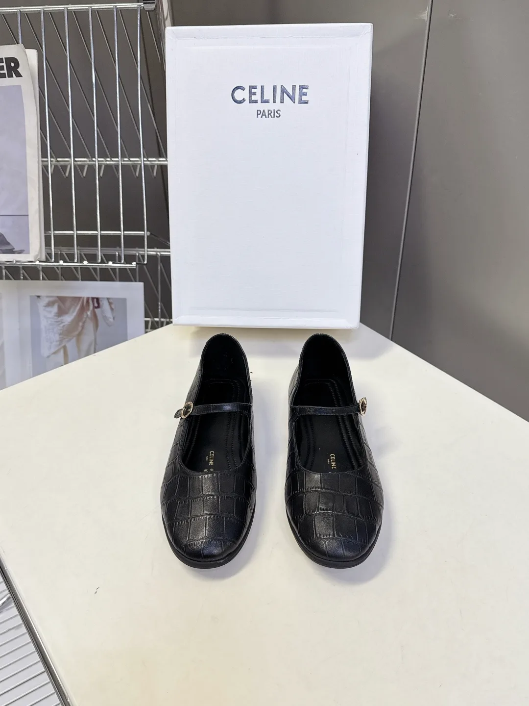 Celine Calfskin Glossy Square-Toe Buckle Shoes in Black · view 1