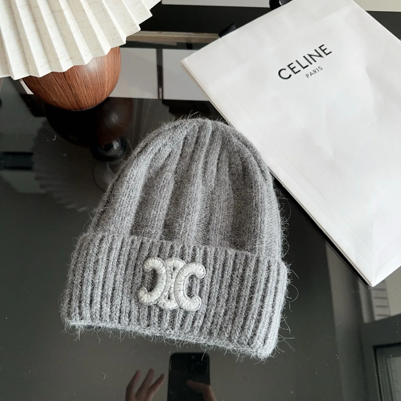 Celine Ribbed Embroidered Beanie in Grey · view 6