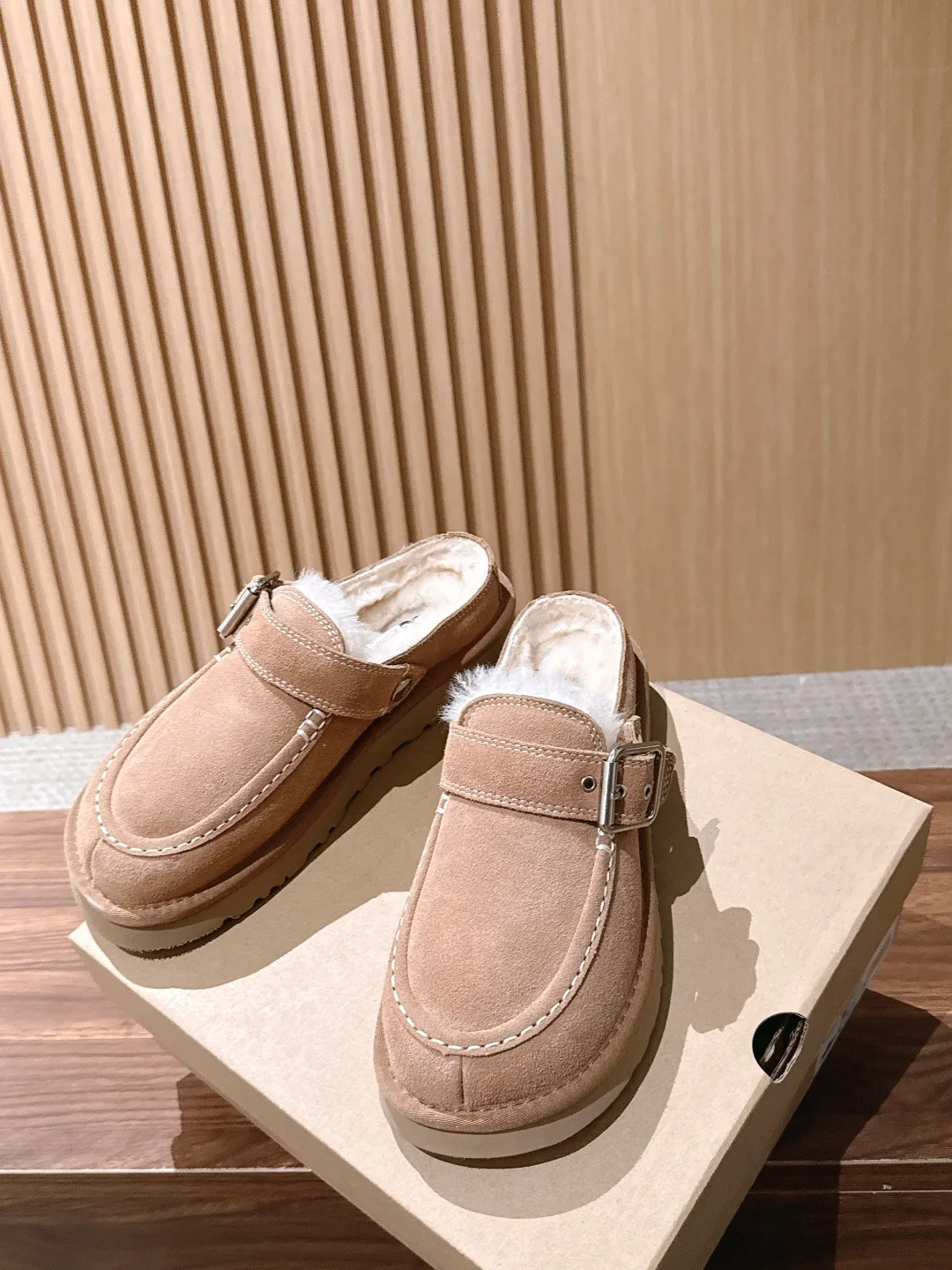 UGG Suede-Look Buckle Mules in Beige · view 3