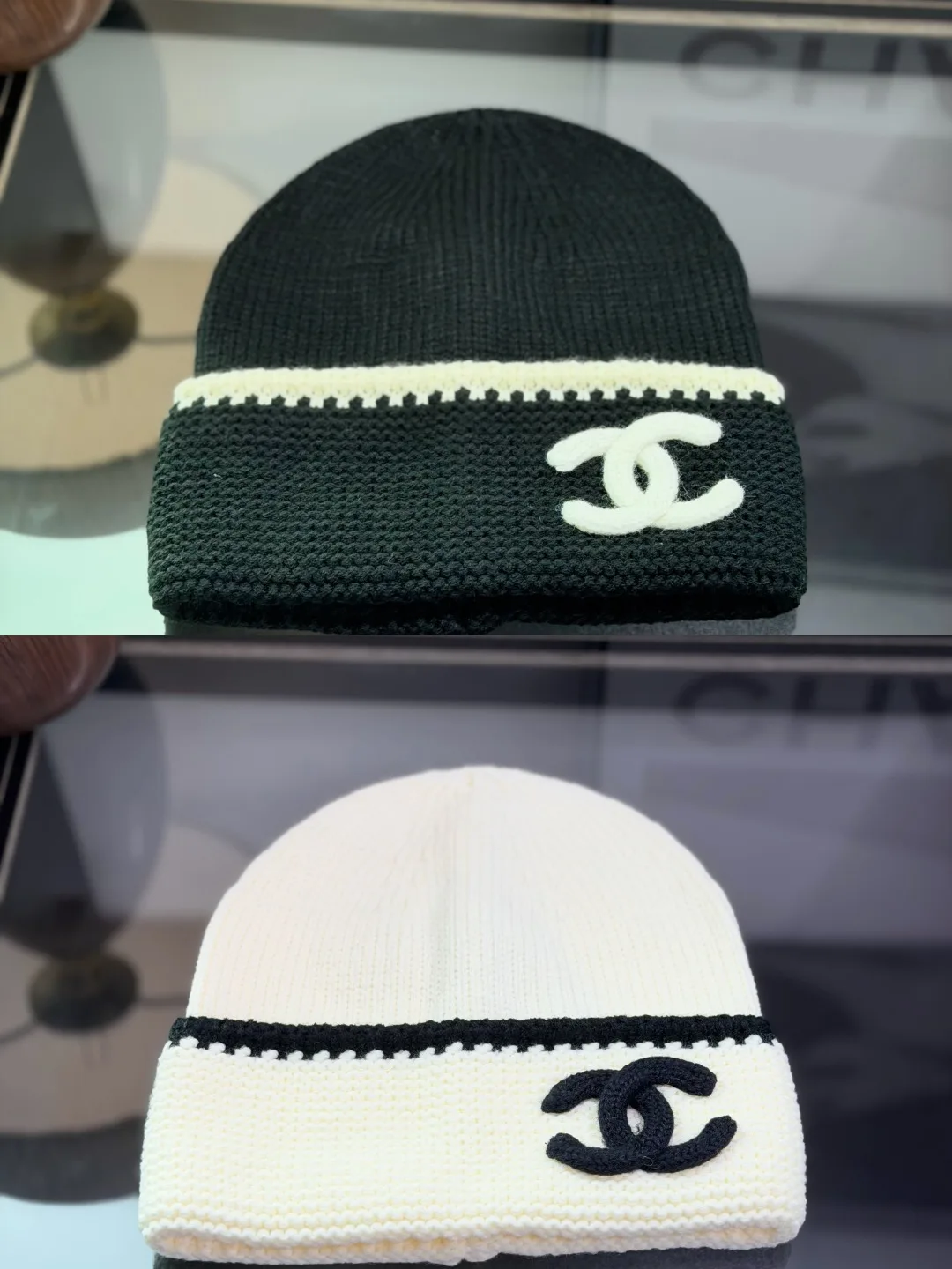 Chanel Striped CC knit beanie in Cream / Black · view 2